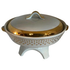 Flare-Ware by Hall China White Porcelain with Gilt Accents Chafing Dish / Fondue