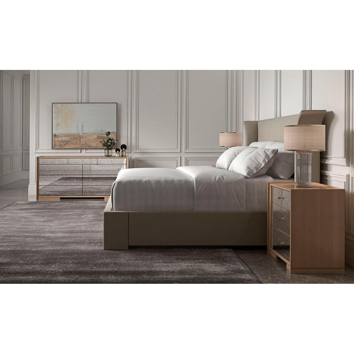 Vietnamese Flared Modern Fully Upholstered Queen Bed - Oatmeal For Sale