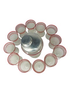 Flared Red and Gold Banded Liqueur Glasses with Cocktail Shaker