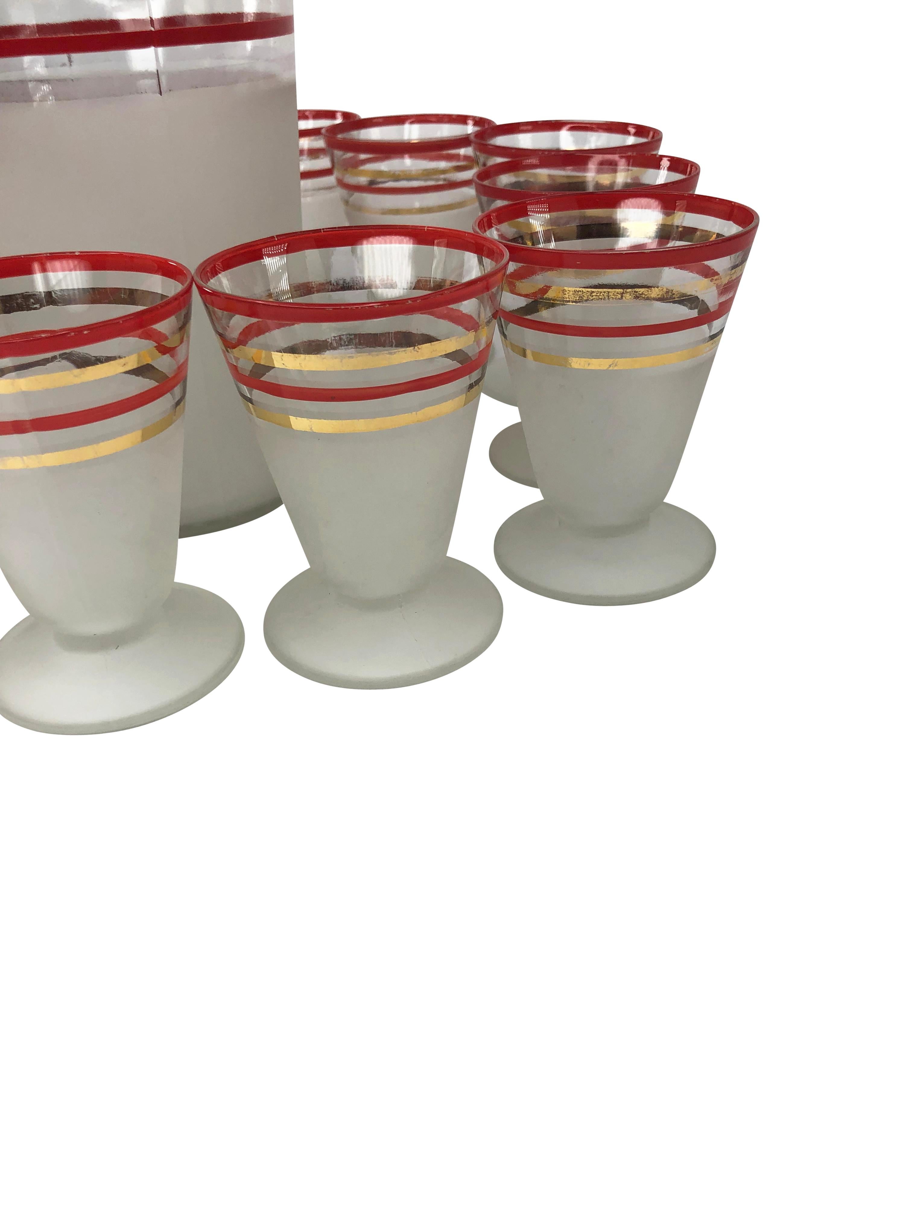 Mid-Century Modern Flared Red and Gold Banded Liqueur Glasses with Cocktail Shaker For Sale