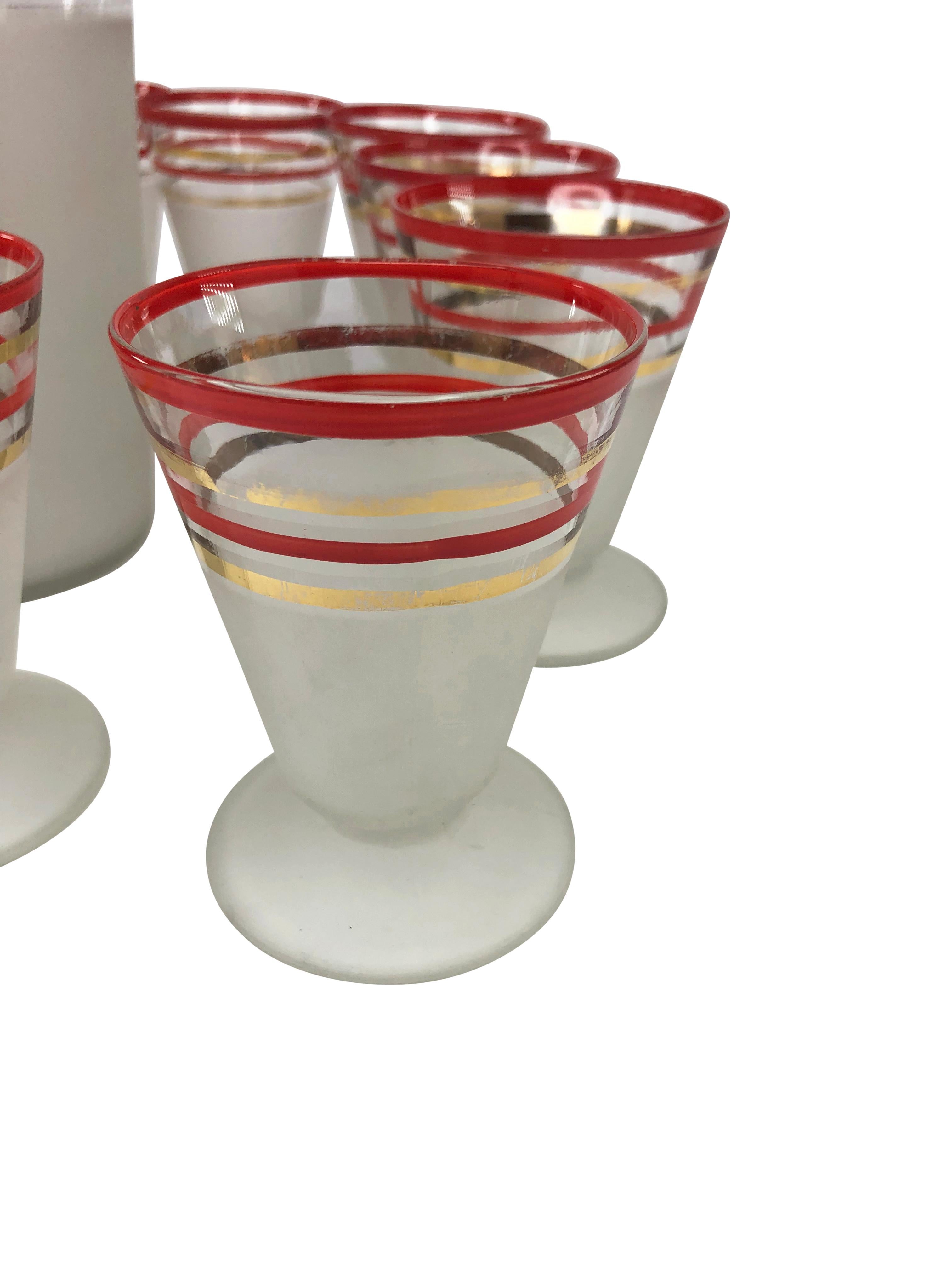 Flared Red and Gold Banded Liqueur Glasses with Cocktail Shaker For Sale 1