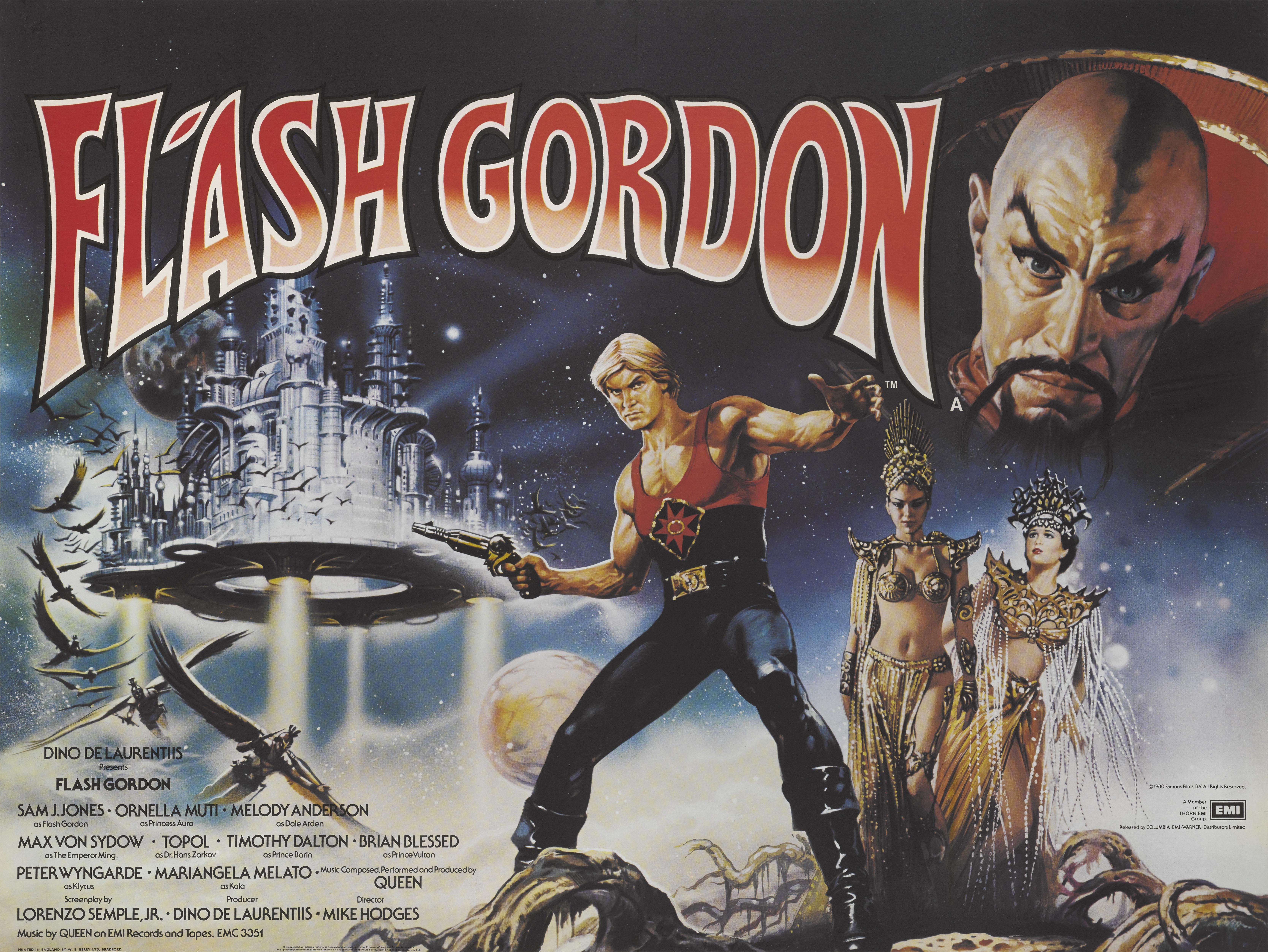 Original British film poster for the 1980 Science fiction adventure film Flash Gordon 
The film was directed by Mike Hodges and starred Sam J. Jones, Melody Anderson and Max von Sydow.
This poster is conservation linen backed and it would be