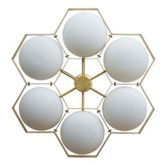 Flash Mount Brass Structure Murano White Glass Ceiling Light by Alberto Dona