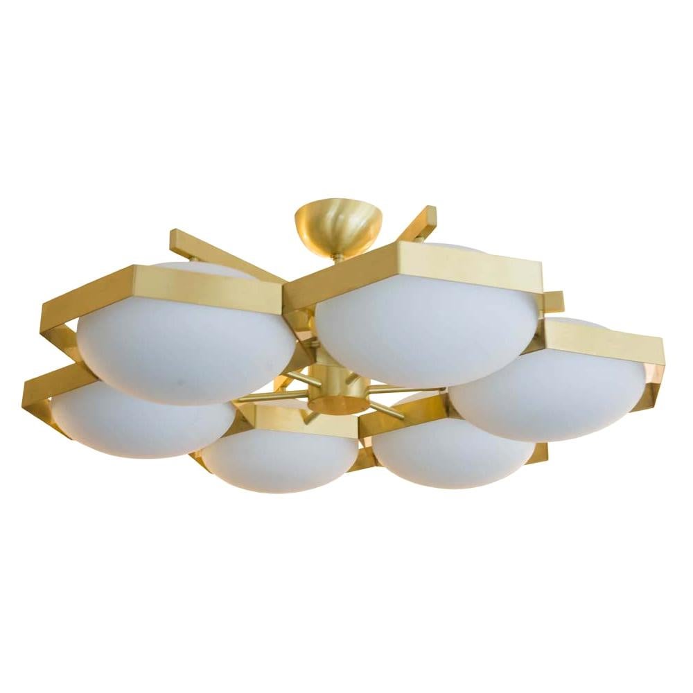 Flash Mount Brass Structure Murano White Glass Ceiling Light by Alberto Dona For Sale