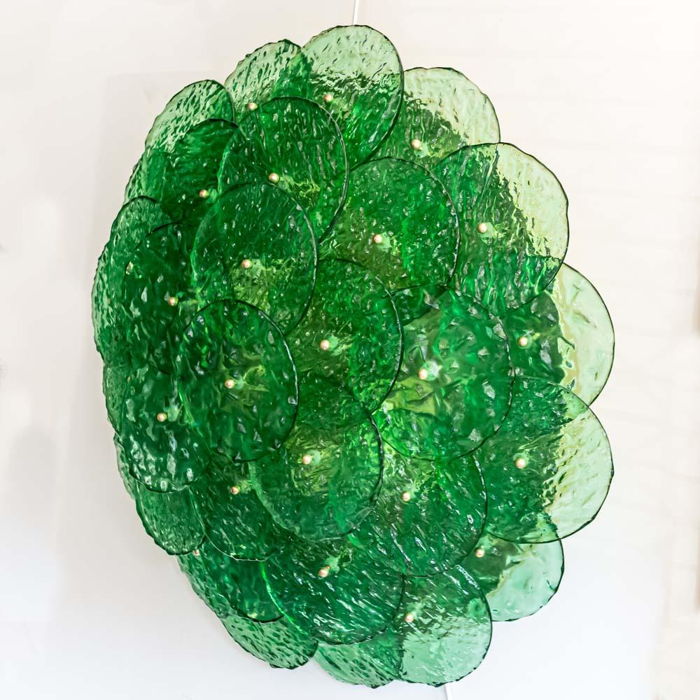 Mid-Century Modern Flash Mount Ceiling / Wall Light Murano Emerald Green Textured Blown Disc Glass For Sale