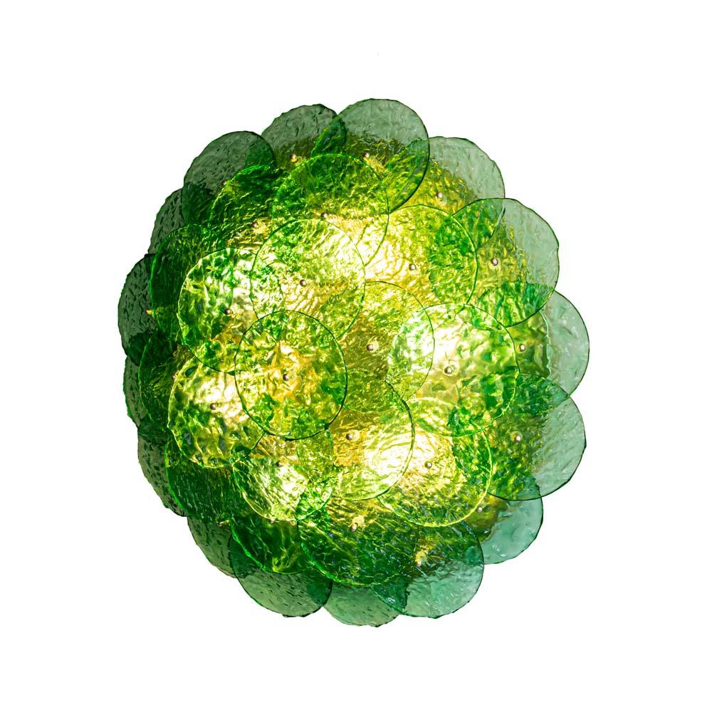 Italian Flash Mount Ceiling / Wall Light Murano Emerald Green Textured Blown Disc Glass For Sale