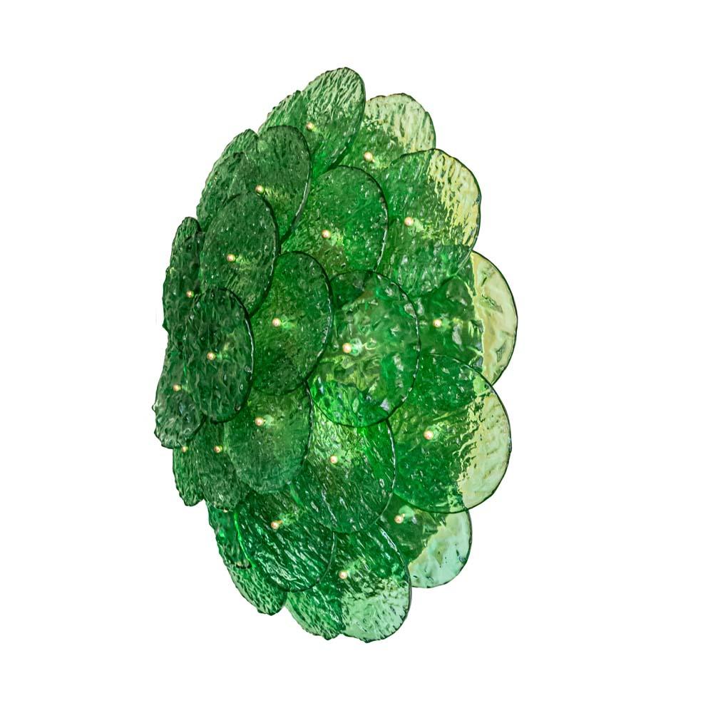 Flash Mount Ceiling / Wall Light Murano Emerald Green Textured Blown Disc Glass For Sale 1