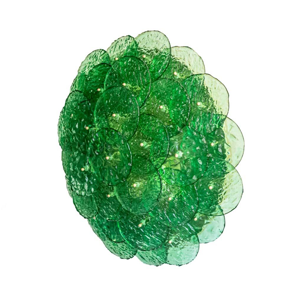 Flash Mount Ceiling / Wall Light Murano Emerald Green Textured Blown Disc Glass For Sale 2