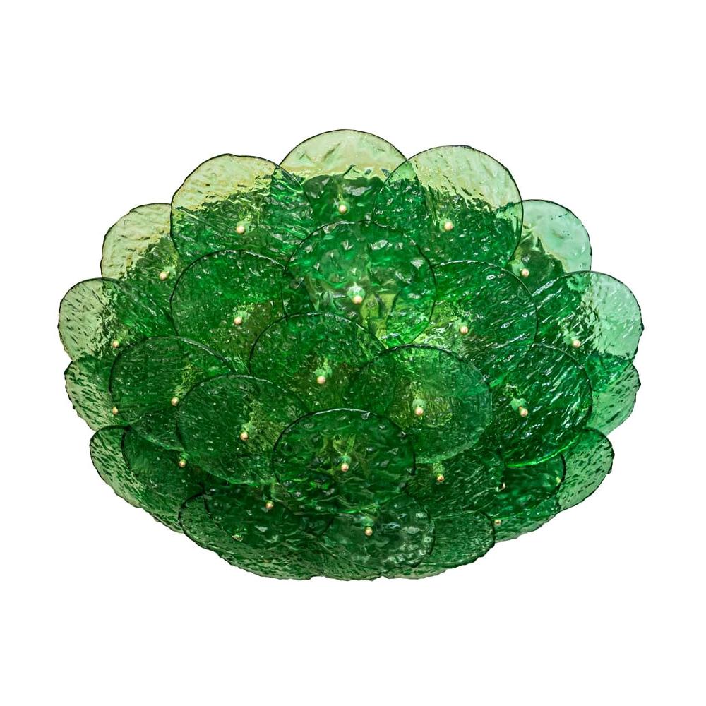 A very beautiful flash mount ceiling or wall light blown Murano emerald green textured glass discs components mounted on a brass structure Italian design made in Murano Italy.
This piece would add glamour and colour to any interior.