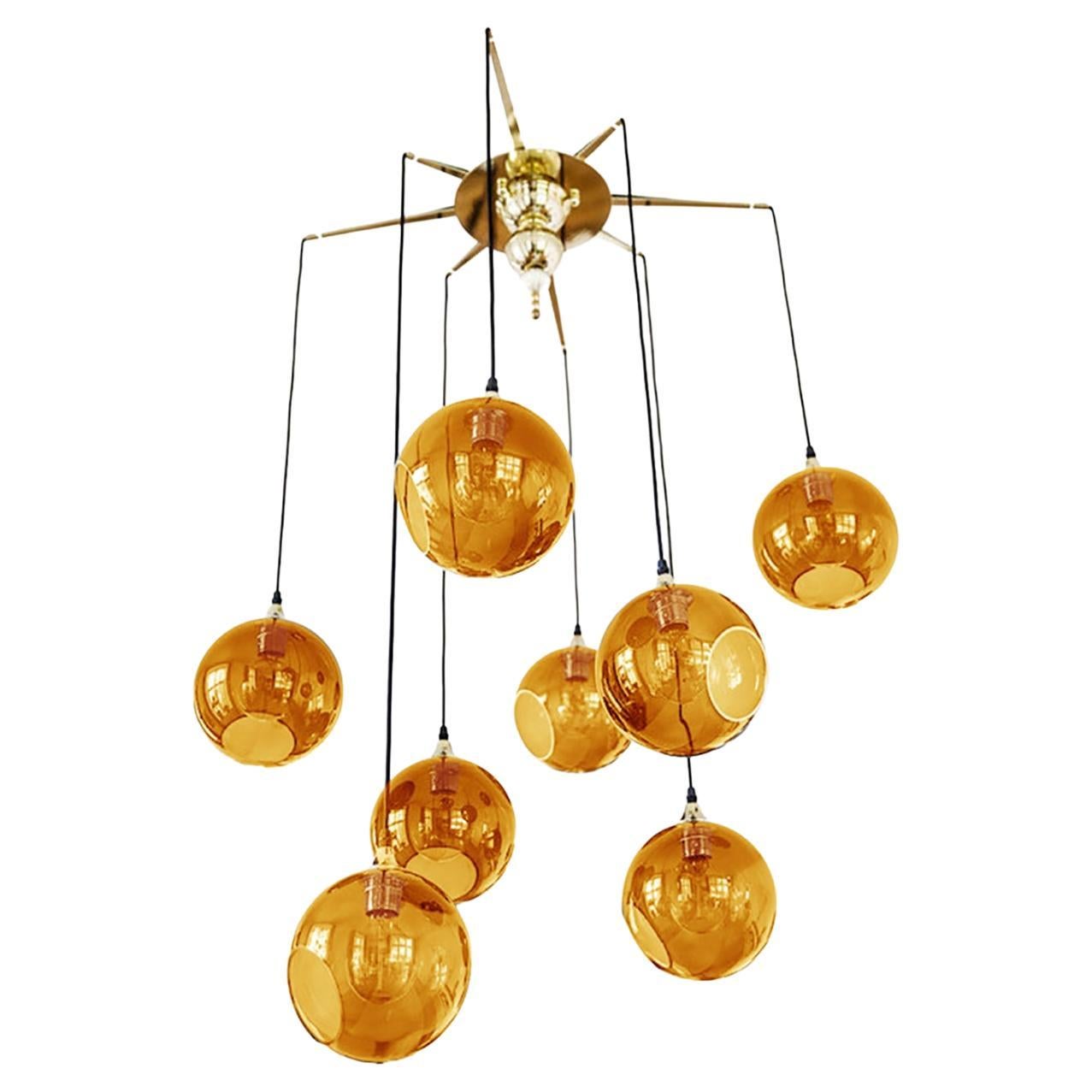 Flash Your Lamps, Brass and Colorful Glass Chandelier/Amber For Sale