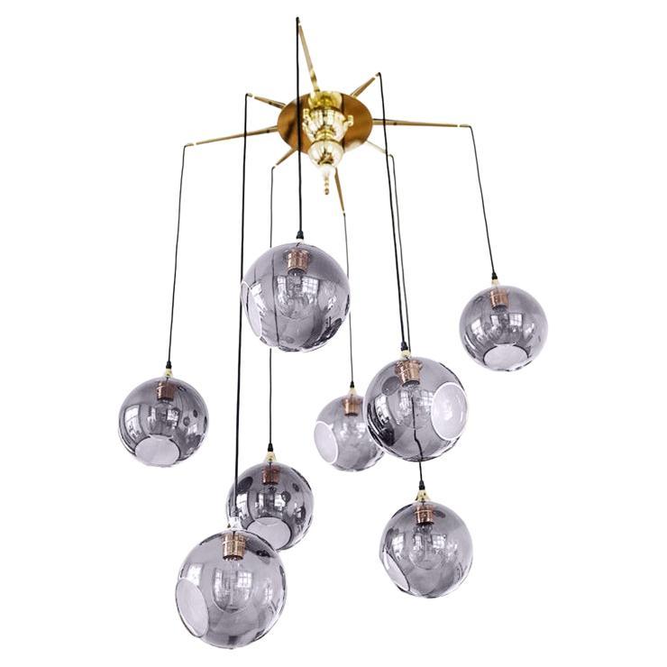 Flash Your Lamps, Brass and Colorful Glass Chandelier/Smoke For Sale