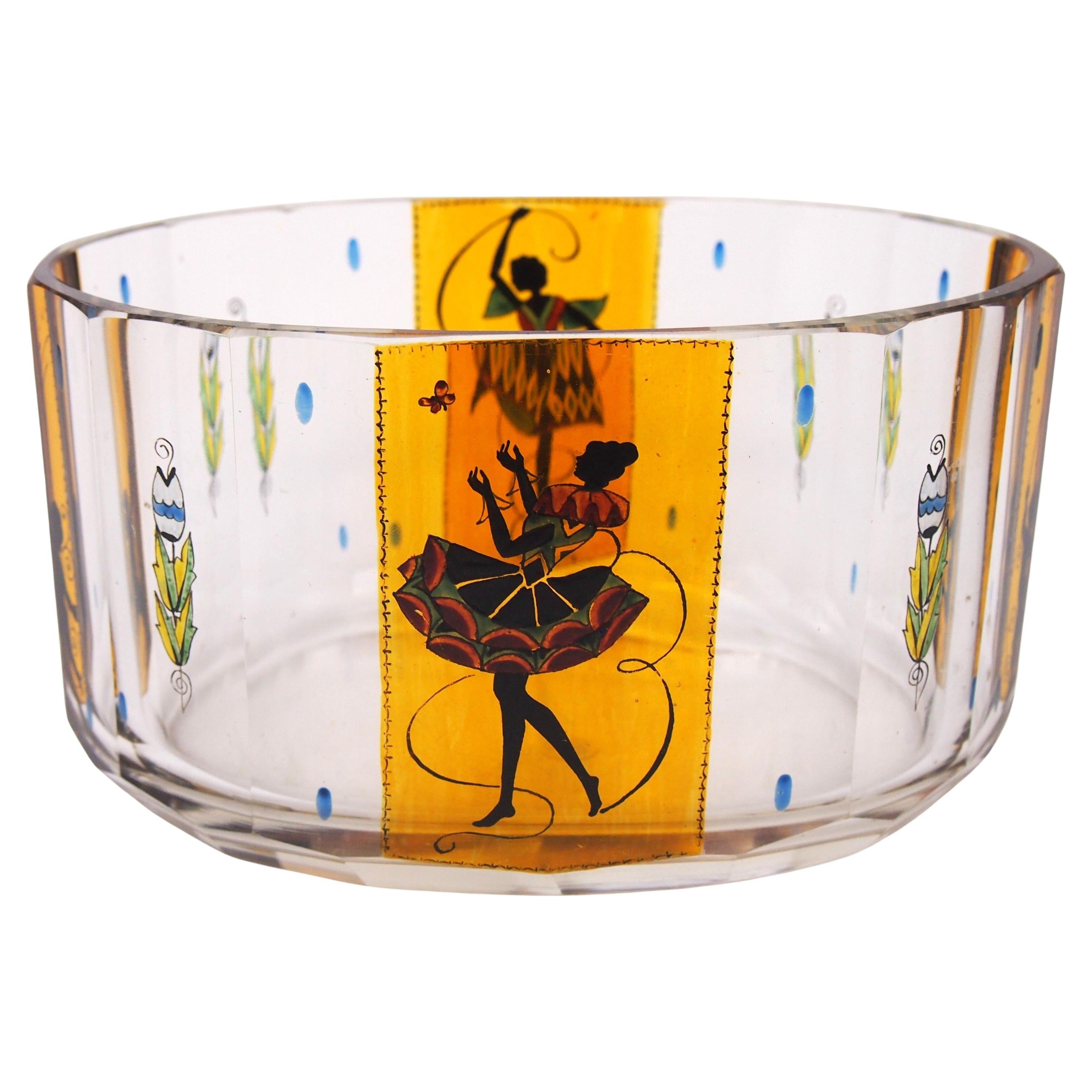 Vase en verre flammé et taillé avec danseuse de ballet de l'école de verrerie Fachschule Haida en vente