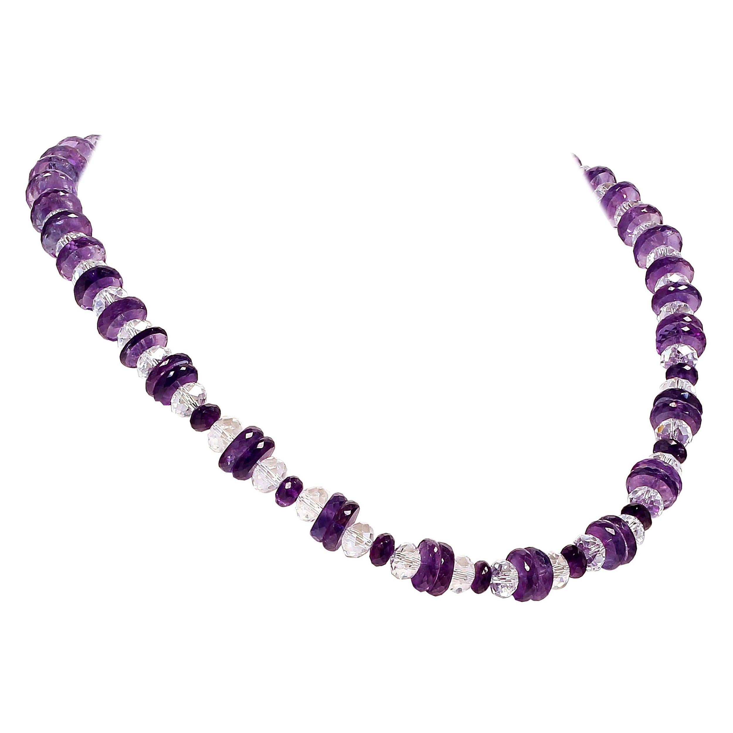 Custom made necklace of Sparkling Amethyst slices combined with faceted fat Crystal rondelles.  This necklace features lovely bright and lively Amethyst slices which have faceted edges and flat sides combined brilliant crystals.  The Amethyst slices