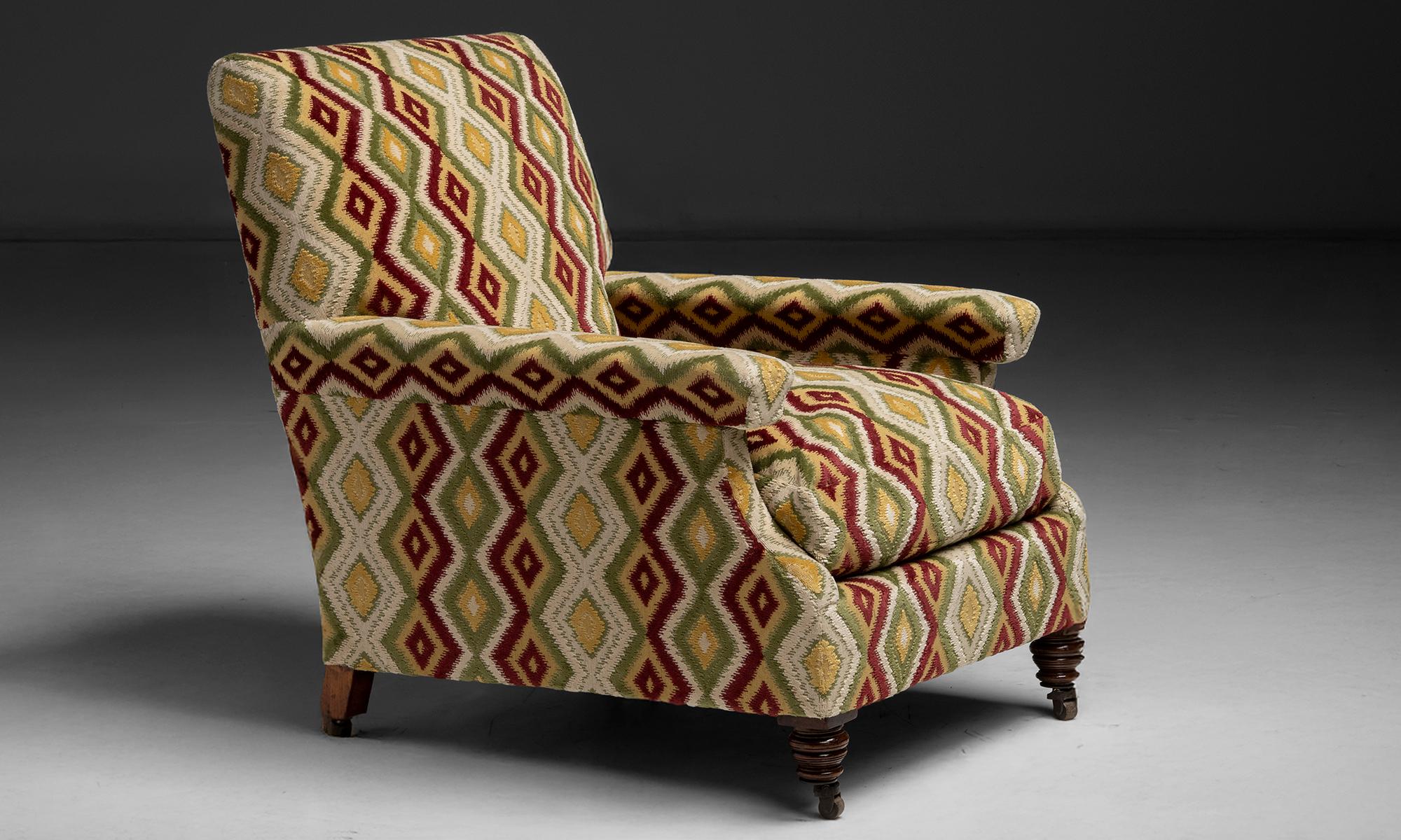 England, 1880
Deep seated, flat arm library chair newly upholstered in Pierre Frey cotton blend.
28