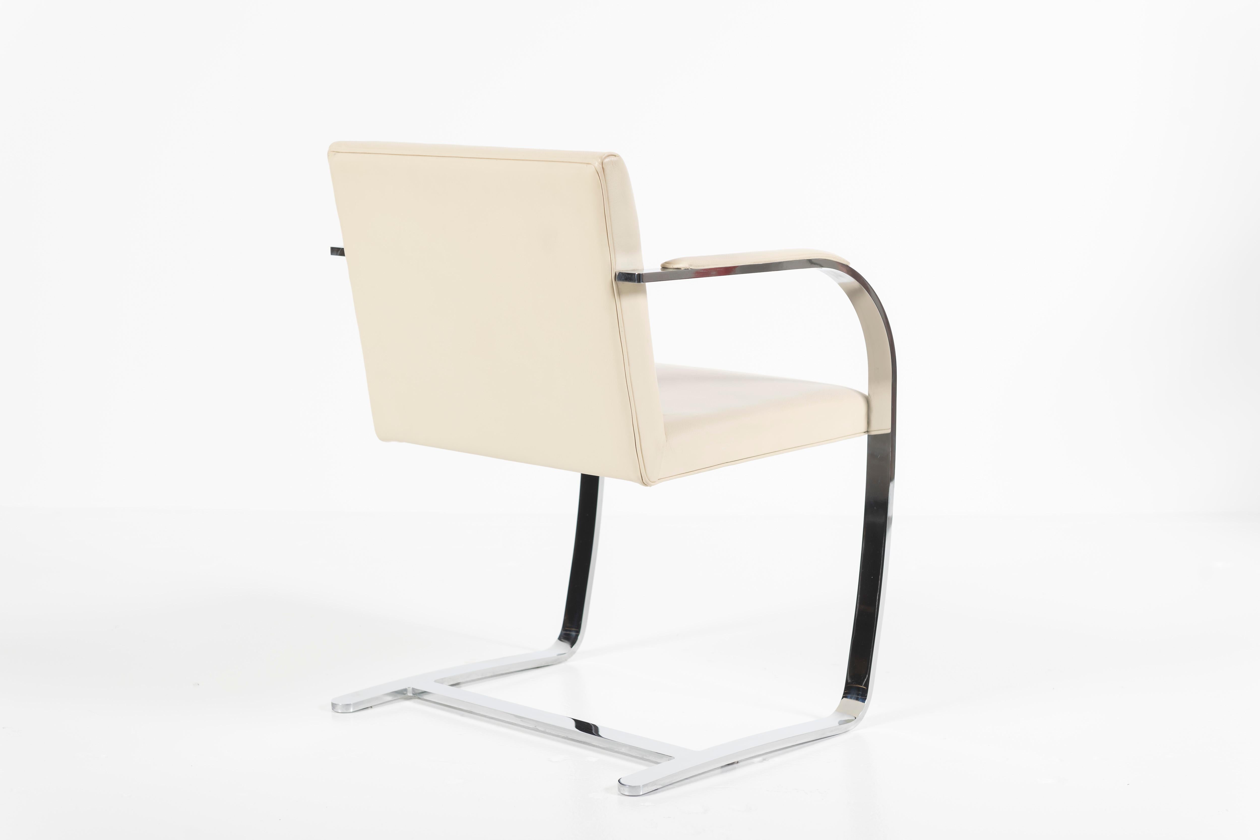 American Flat Bar Armchair in Cream Leather and Chrome, in the style of Mies van der Rohe For Sale