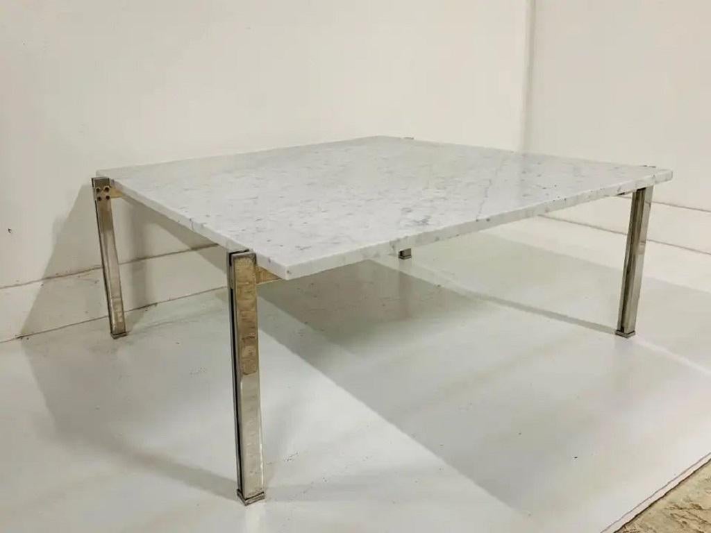 Mid-Century Modern Flat Bar Chrome with Carrara Marble-Top Coffee Table in the Style Kjaerholm For Sale