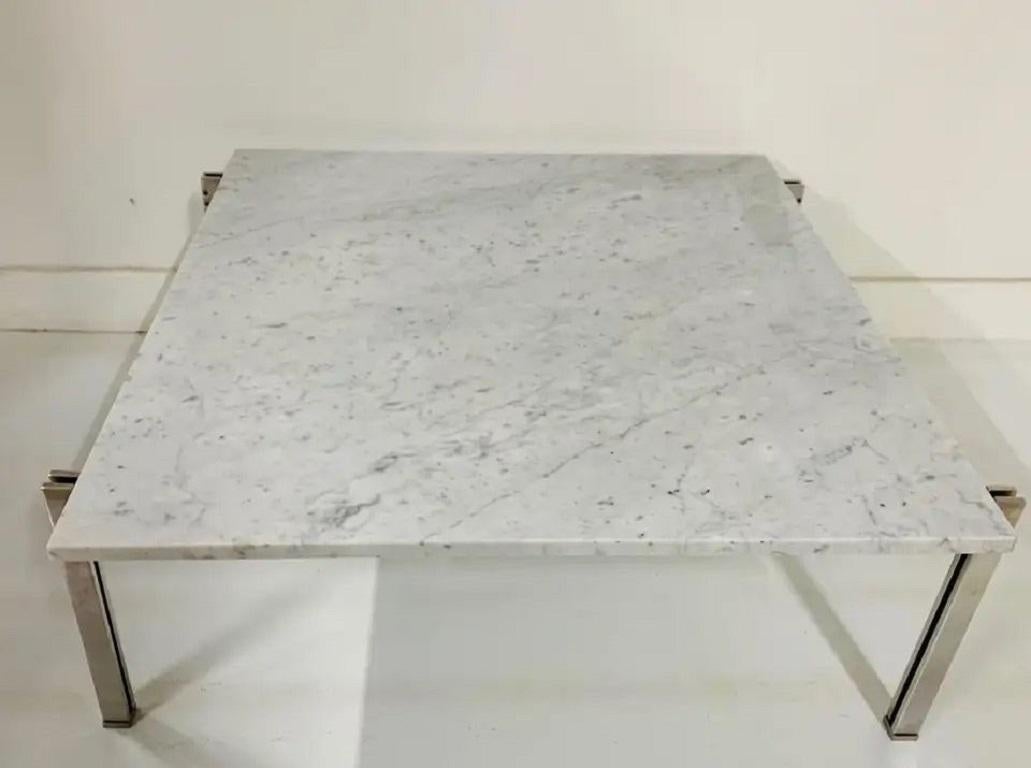 Danish Flat Bar Chrome with Carrara Marble-Top Coffee Table in the Style Kjaerholm For Sale