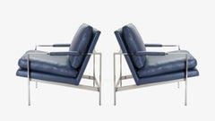 Flat-Bar Club Chairs in Navy Leather by Milo Baughman for Thayer Coggin