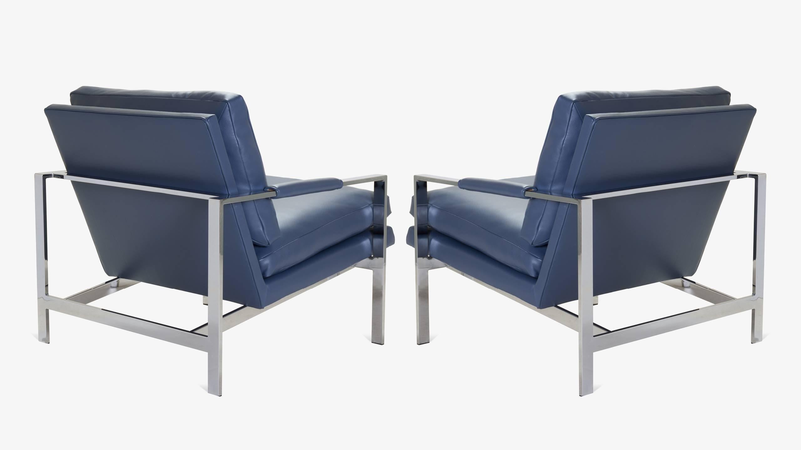 Mid-Century Modern Flat-Bar Club Chairs in Navy Leather by Milo Baughman for Thayer Coggin