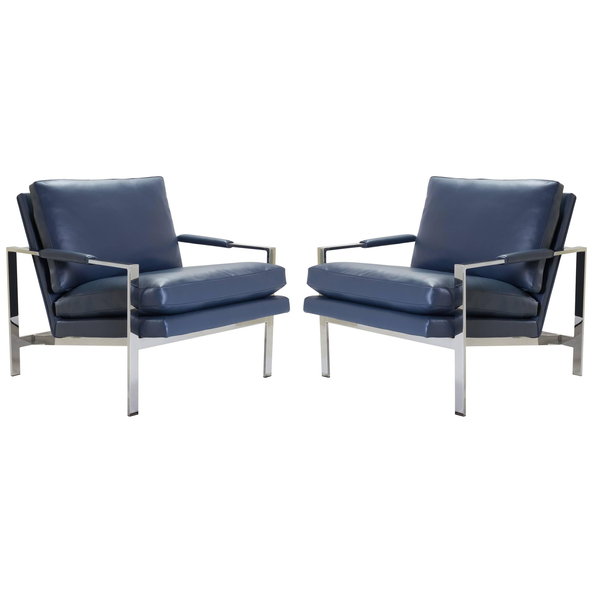 Flat-Bar Club Chairs in Navy Leather by Milo Baughman for Thayer Coggin