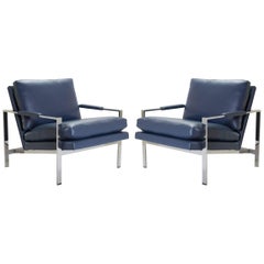 Retro Flat-Bar Club Chairs in Navy Leather by Milo Baughman for Thayer Coggin