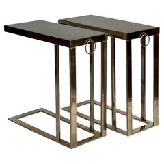 Flat Bar Polished Chrome Cantilever Side Tables with Black Marble Tops, Pair