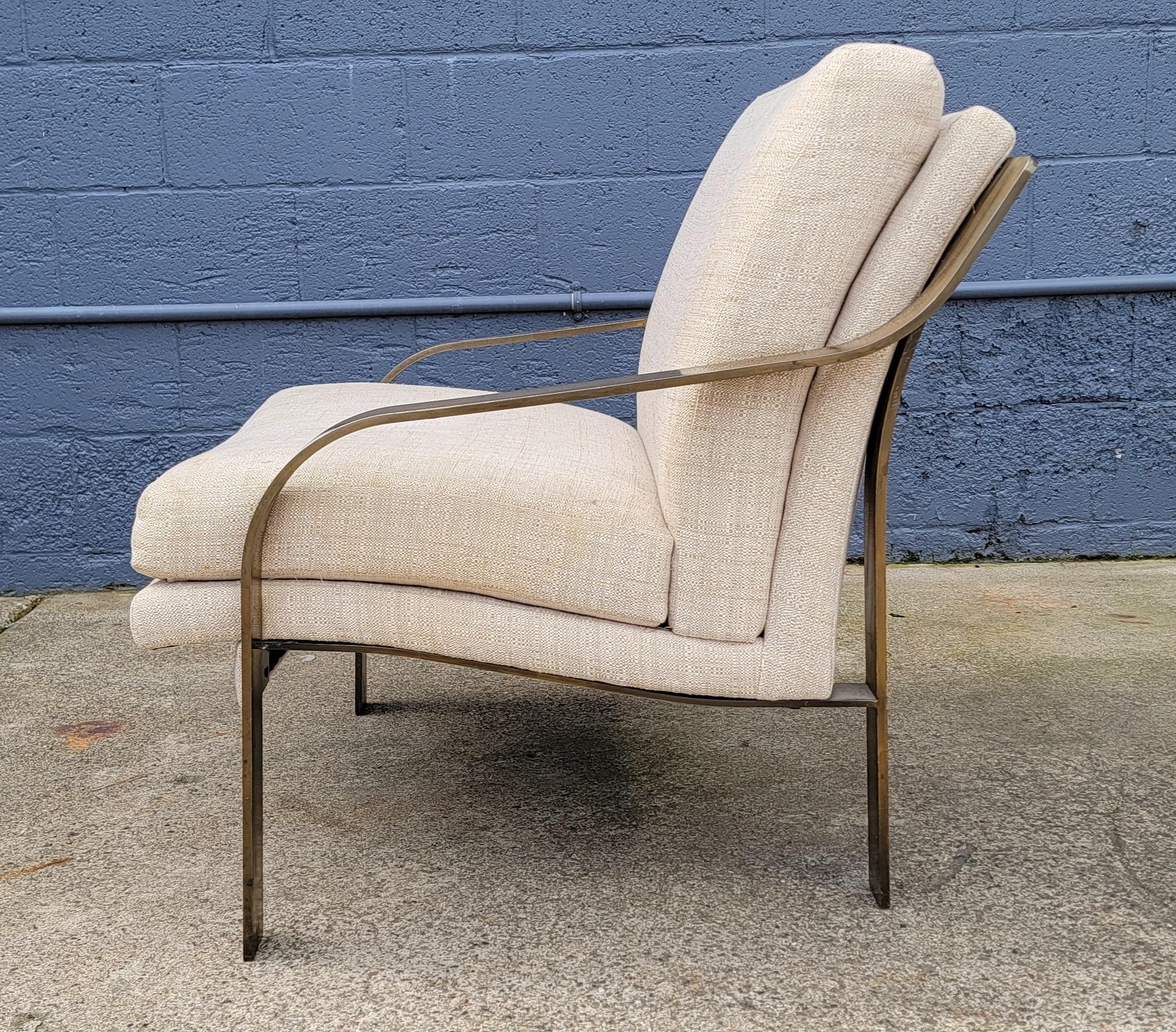 Brass Flat Bar Steel Lounge Chair Manner of Milo Baughman For Sale