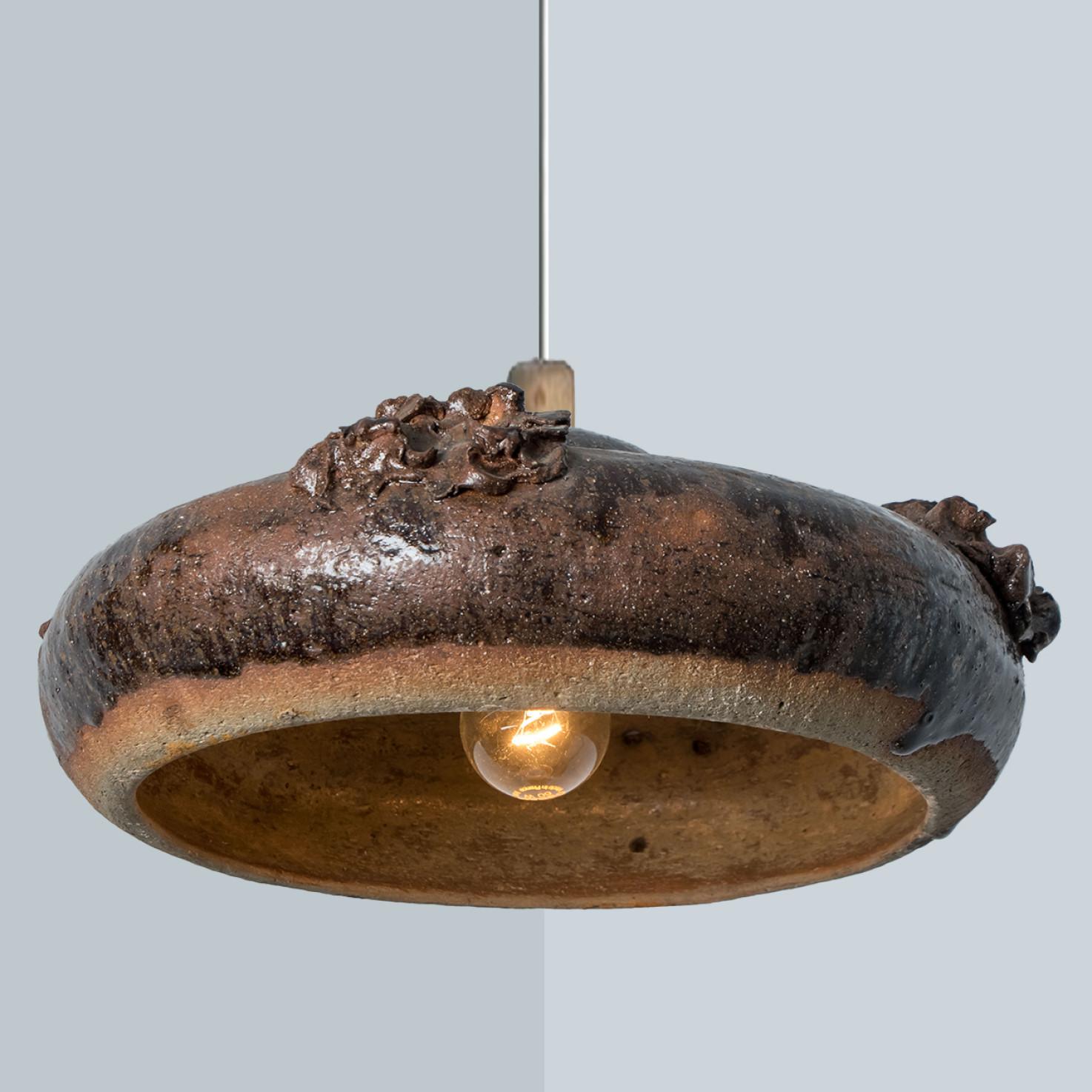 Flat Black Brown Ceramic Pendant Light, Denmark, 1970 For Sale 3