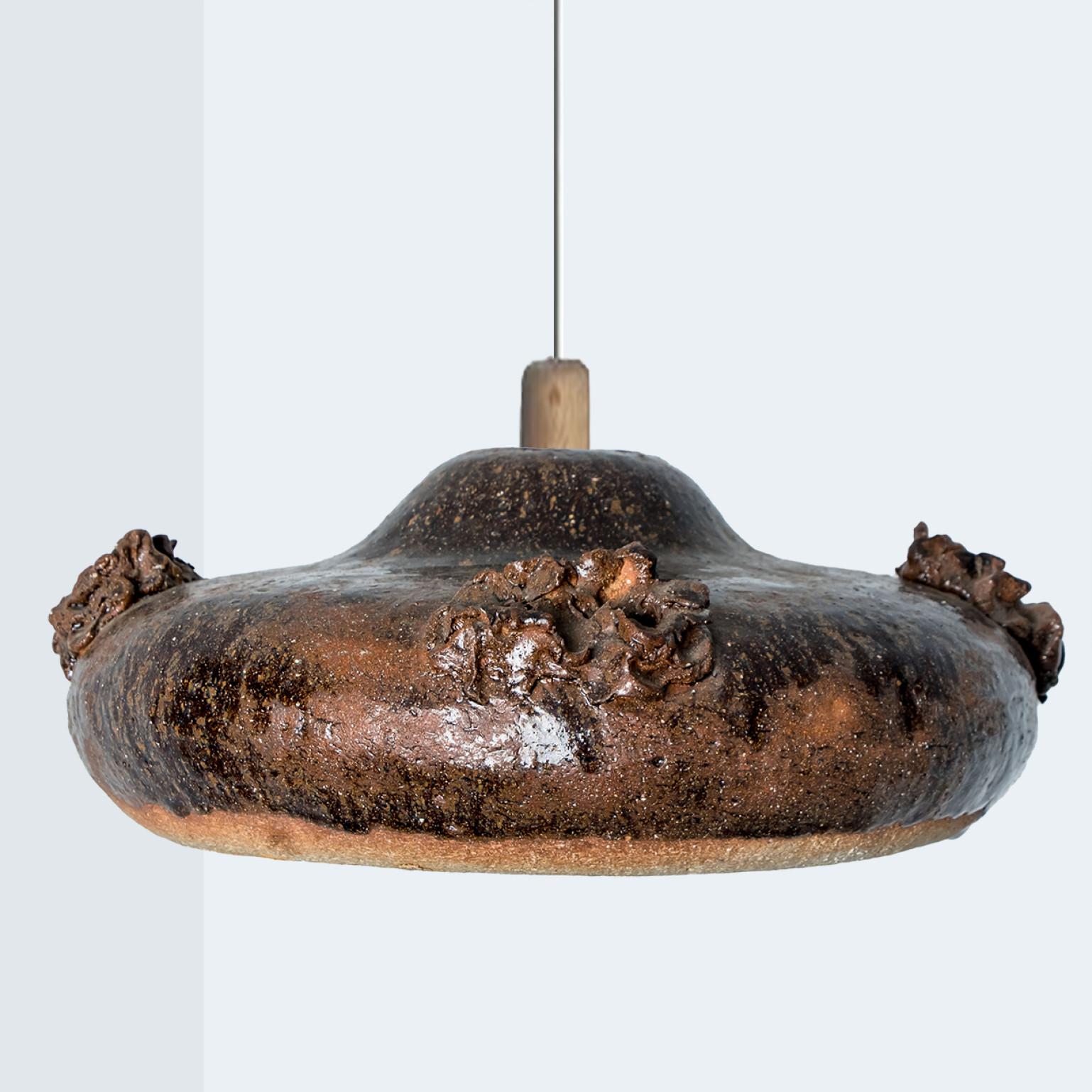 Late 20th Century Flat Black Brown Ceramic Pendant Light, Denmark, 1970 For Sale