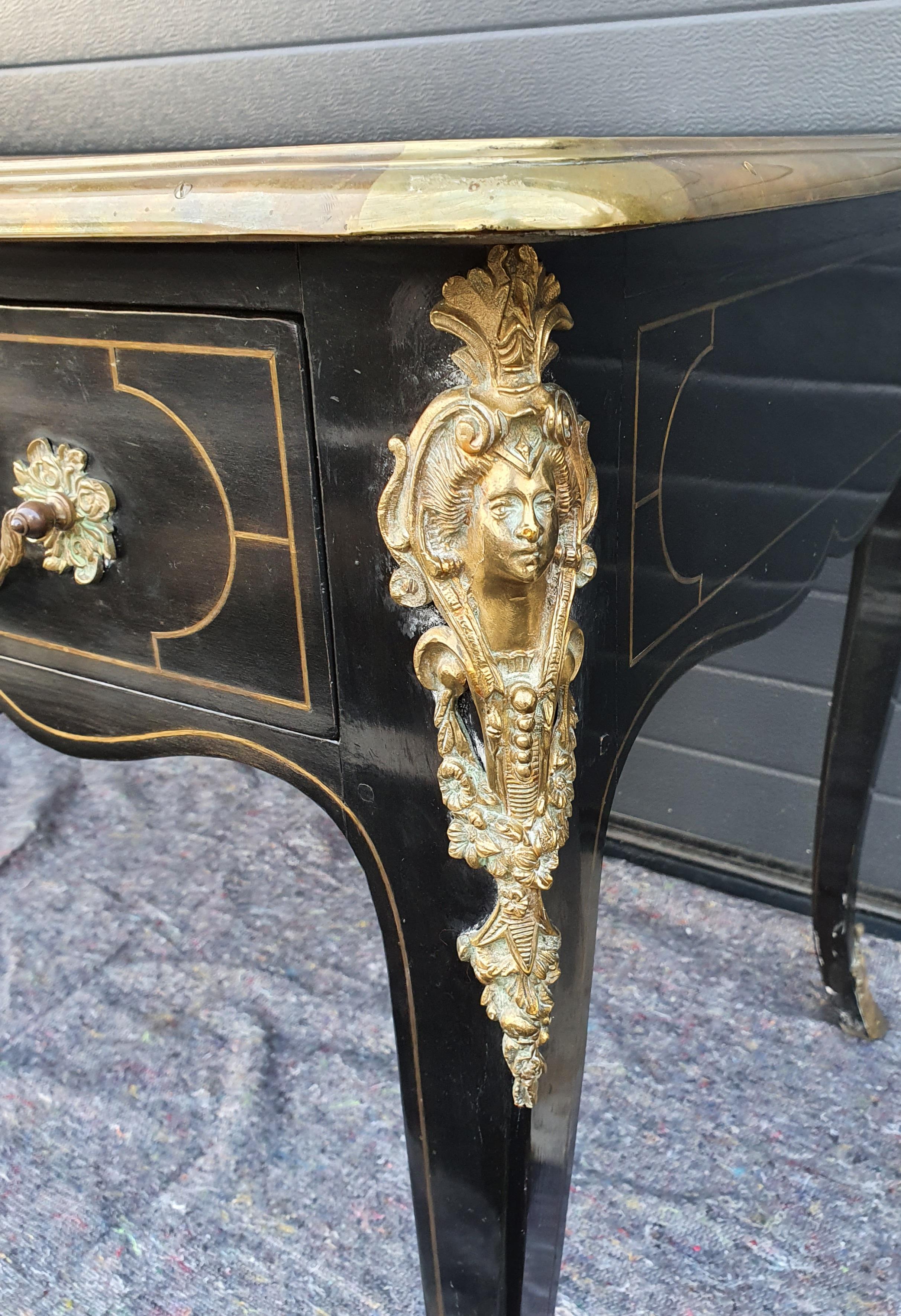 French Flat Blackened Wood and Bronze Desk, Style Napoléon III, Maison Gouffé For Sale