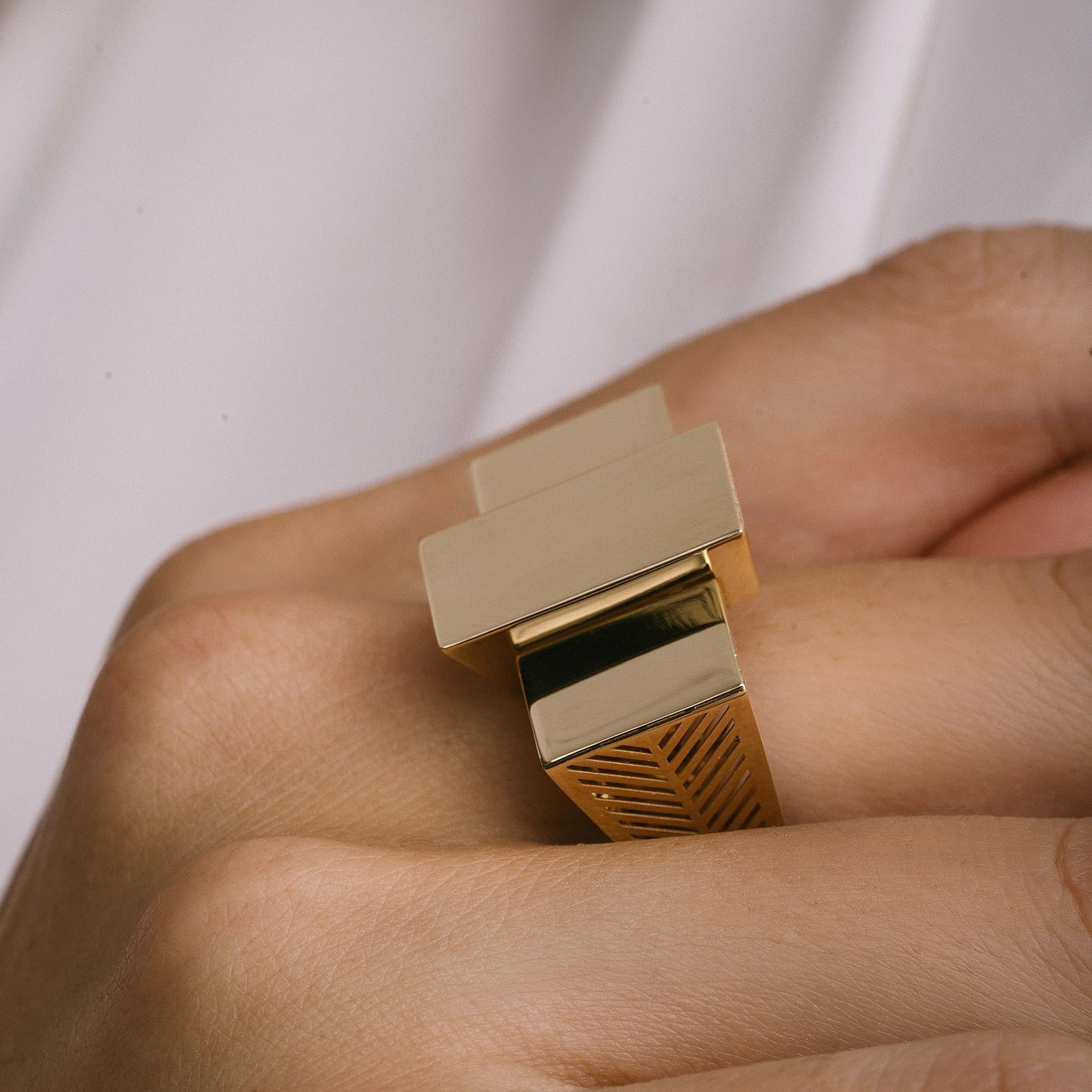 Flat Block Signet Statement Ring Solid Gold Maximalist 14 Karat In New Condition For Sale In Patchogue, NY