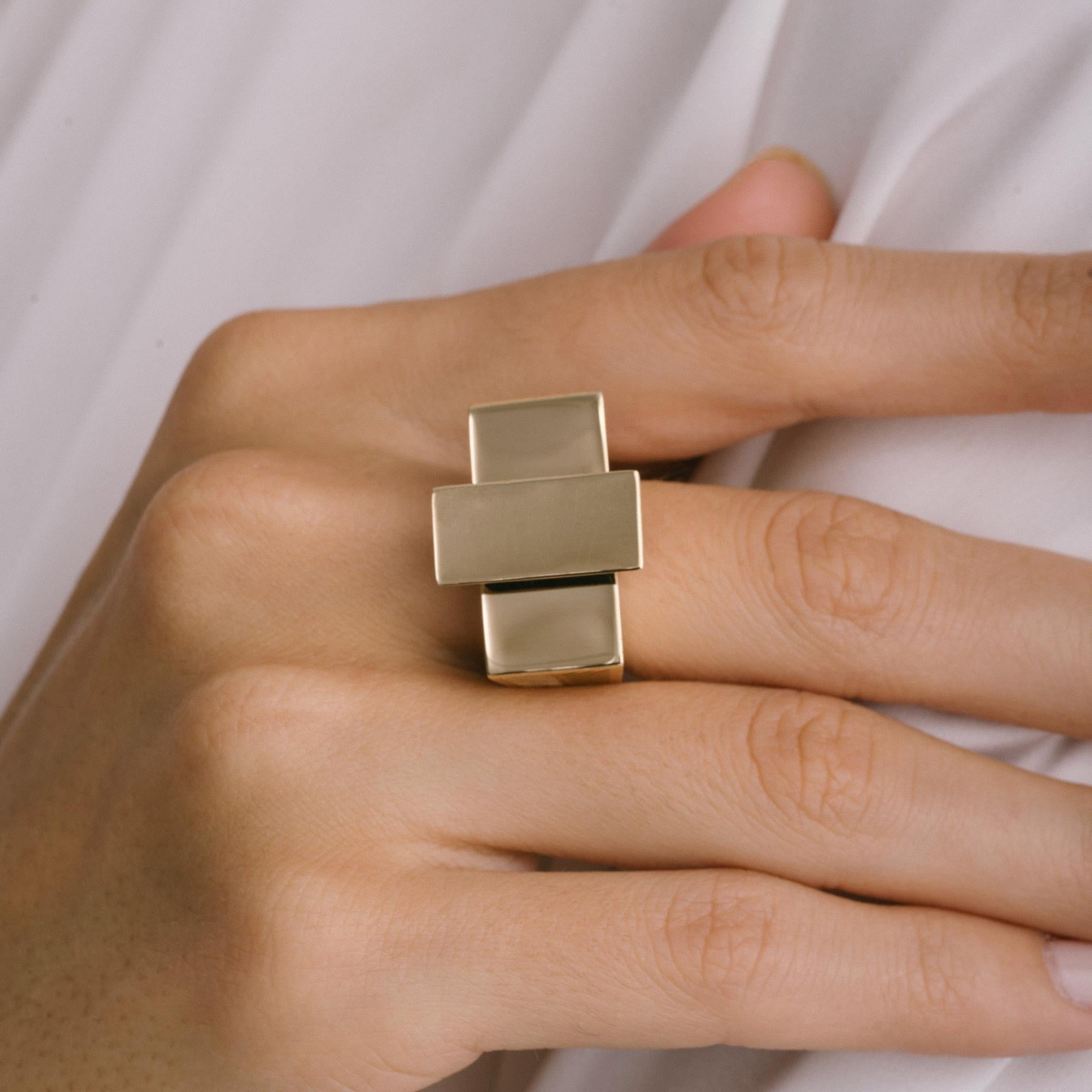 Flat Block Signet Statement Ring Solid Gold Maximalist 14 Karat For Sale 2