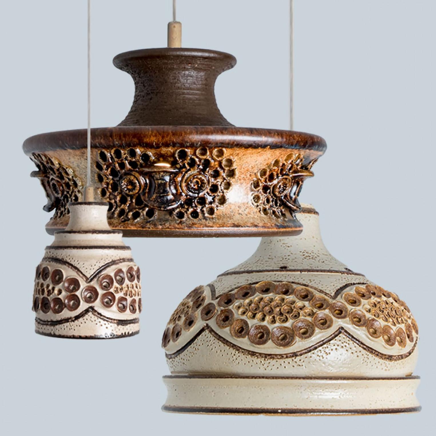 Flat Brown Beige Ceramic Pendant Light, Denmark, 1970 For Sale 4