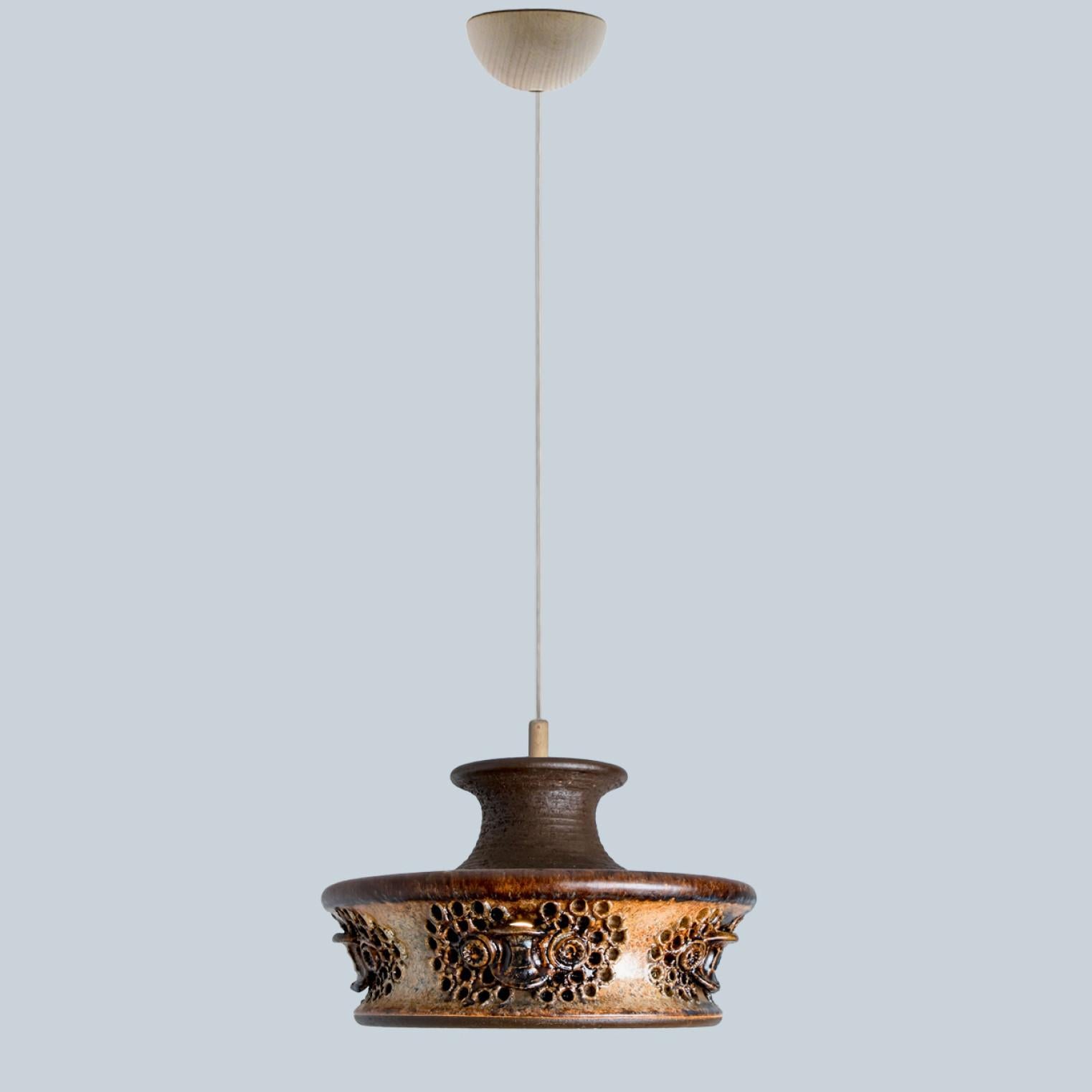 Danish Flat Brown Beige Ceramic Pendant Light, Denmark, 1970 For Sale