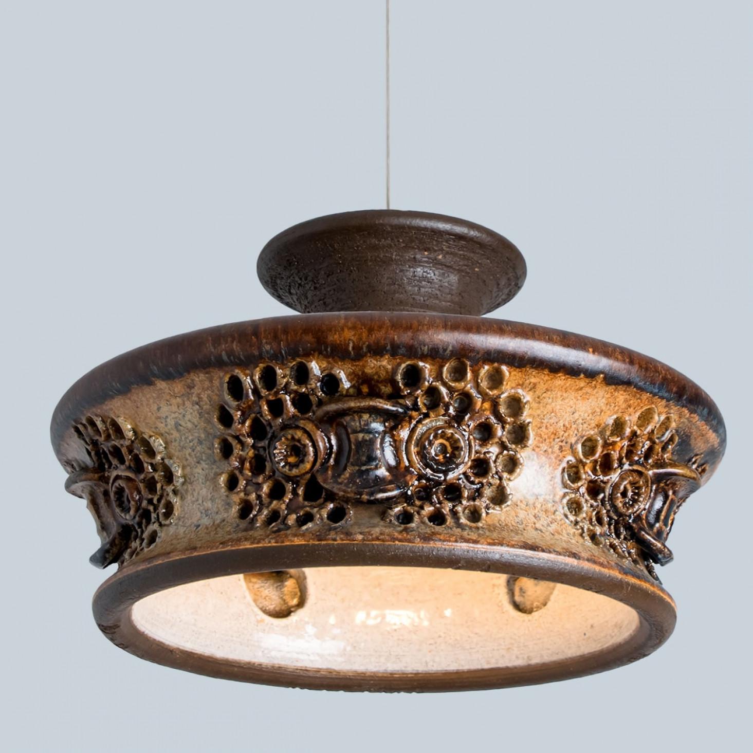 Danish Flat Brown Beige Ceramic Pendant Light, Denmark, 1970 For Sale