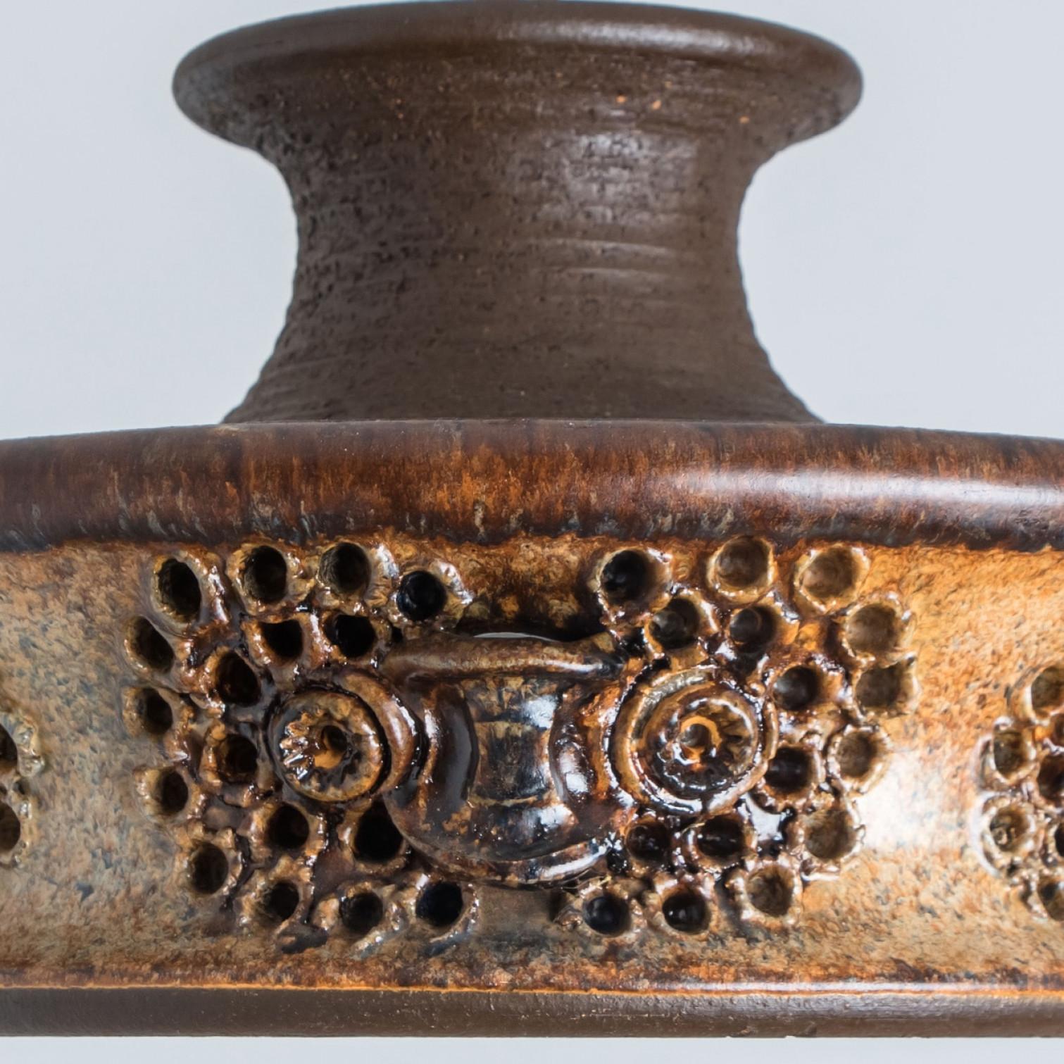 Other Flat Brown Beige Ceramic Pendant Light, Denmark, 1970 For Sale