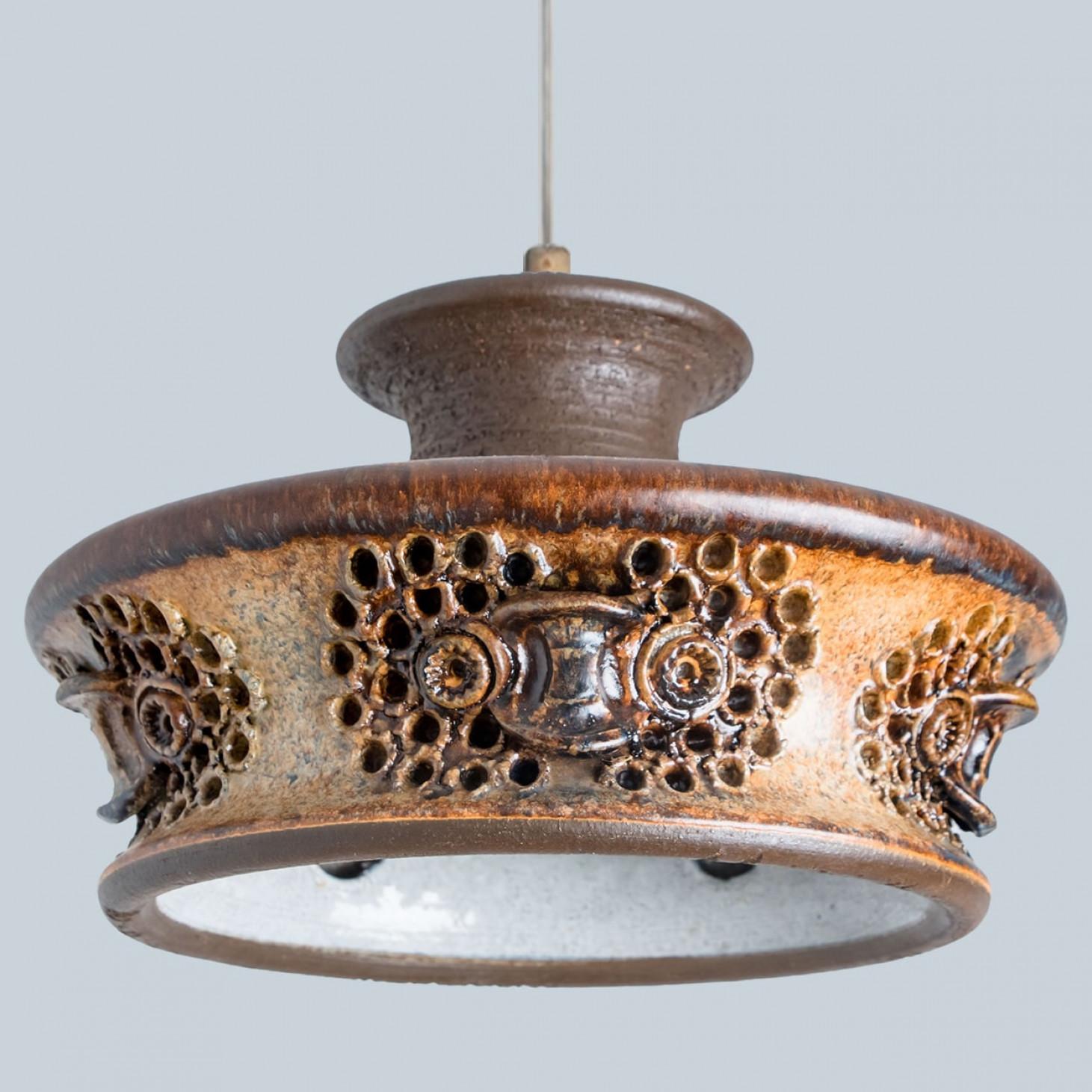 Late 20th Century Flat Brown Beige Ceramic Pendant Light, Denmark, 1970 For Sale