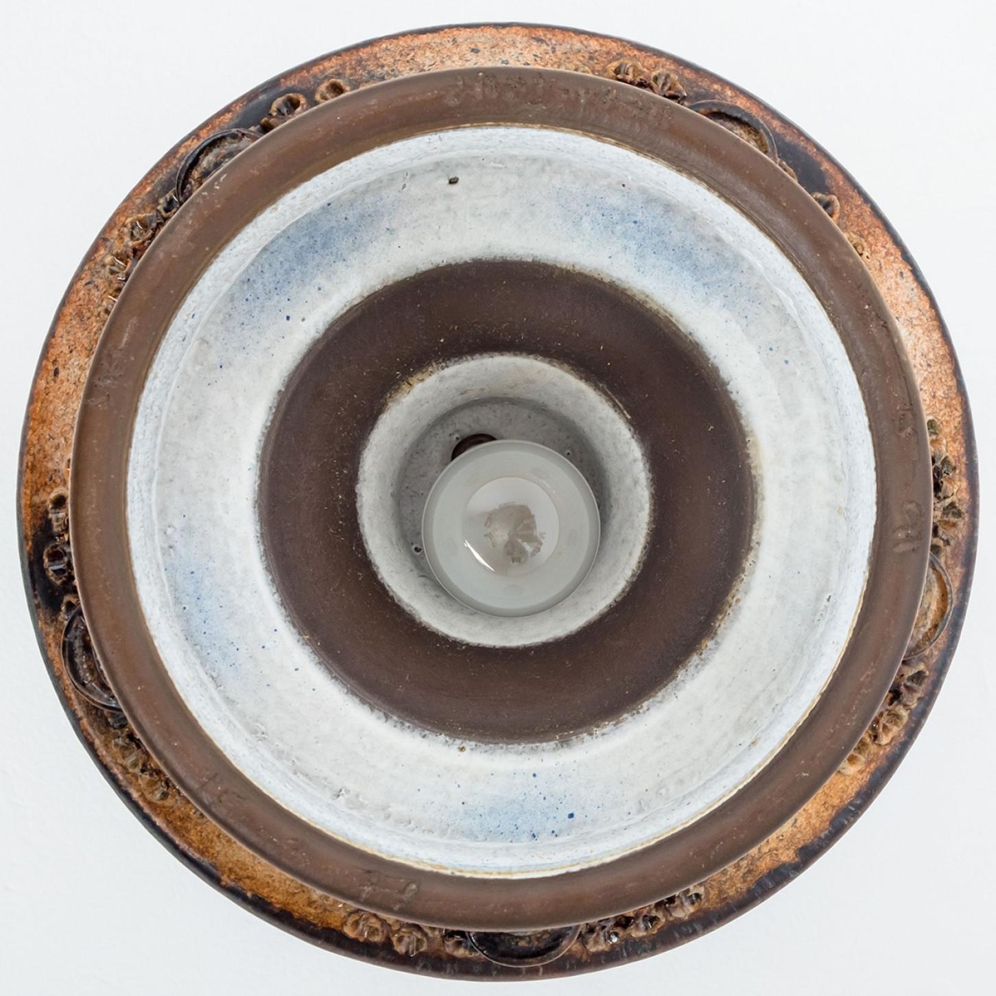 Flat Brown Beige Ceramic Pendant Light, Denmark, 1970 For Sale 1