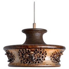 Flat Brown Beige Ceramic Pendant Light, Denmark, 1970