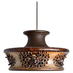 Flat Brown Beige Ceramic Pendant Light, Denmark, 1970