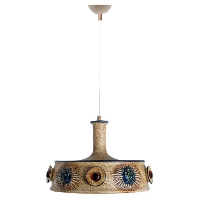 Lampe suspendue plate en céramique Brown, Danemark, 1970