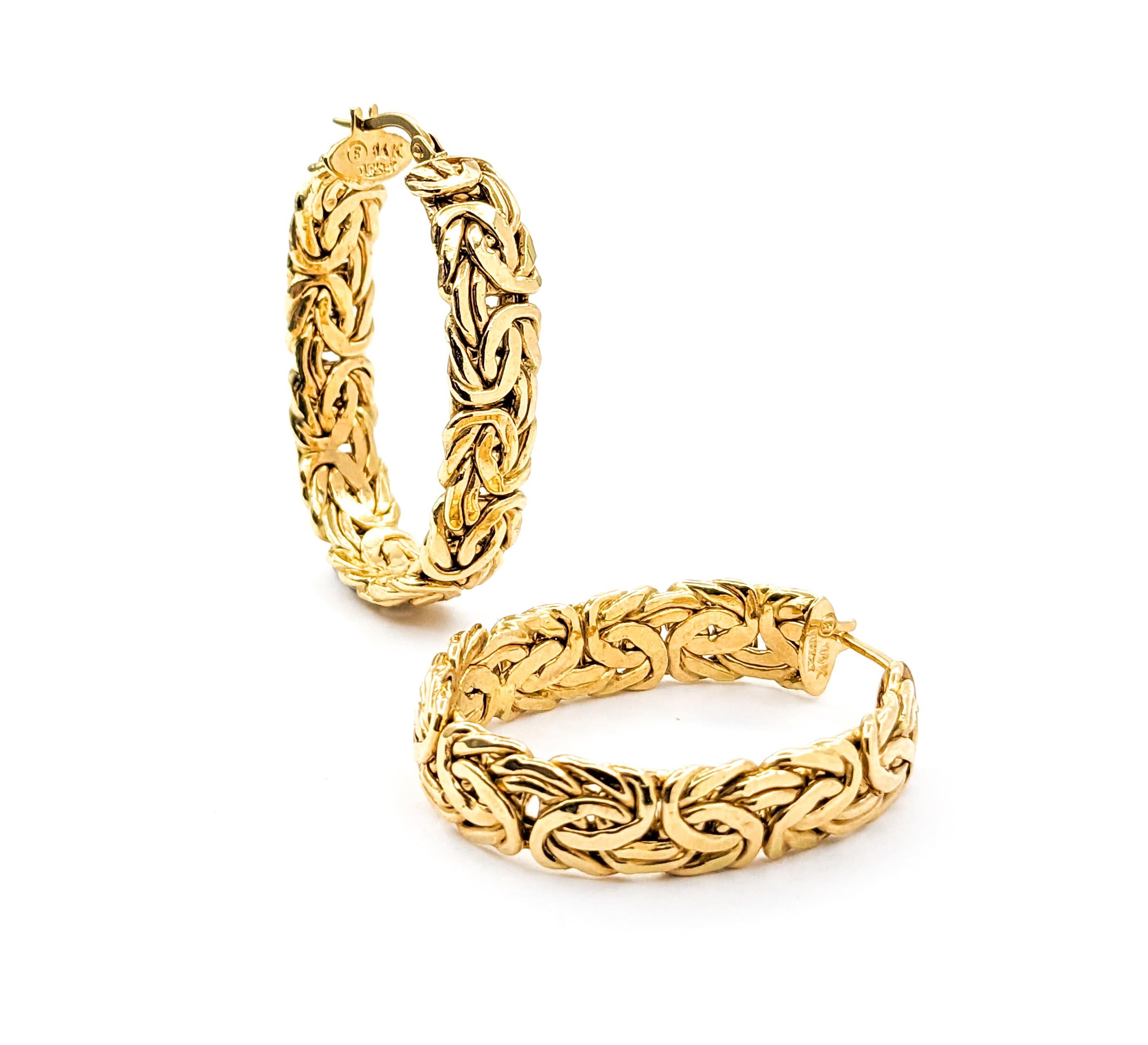 Women's Flat Byzantine Hoop Earrings In Yellow Gold For Sale