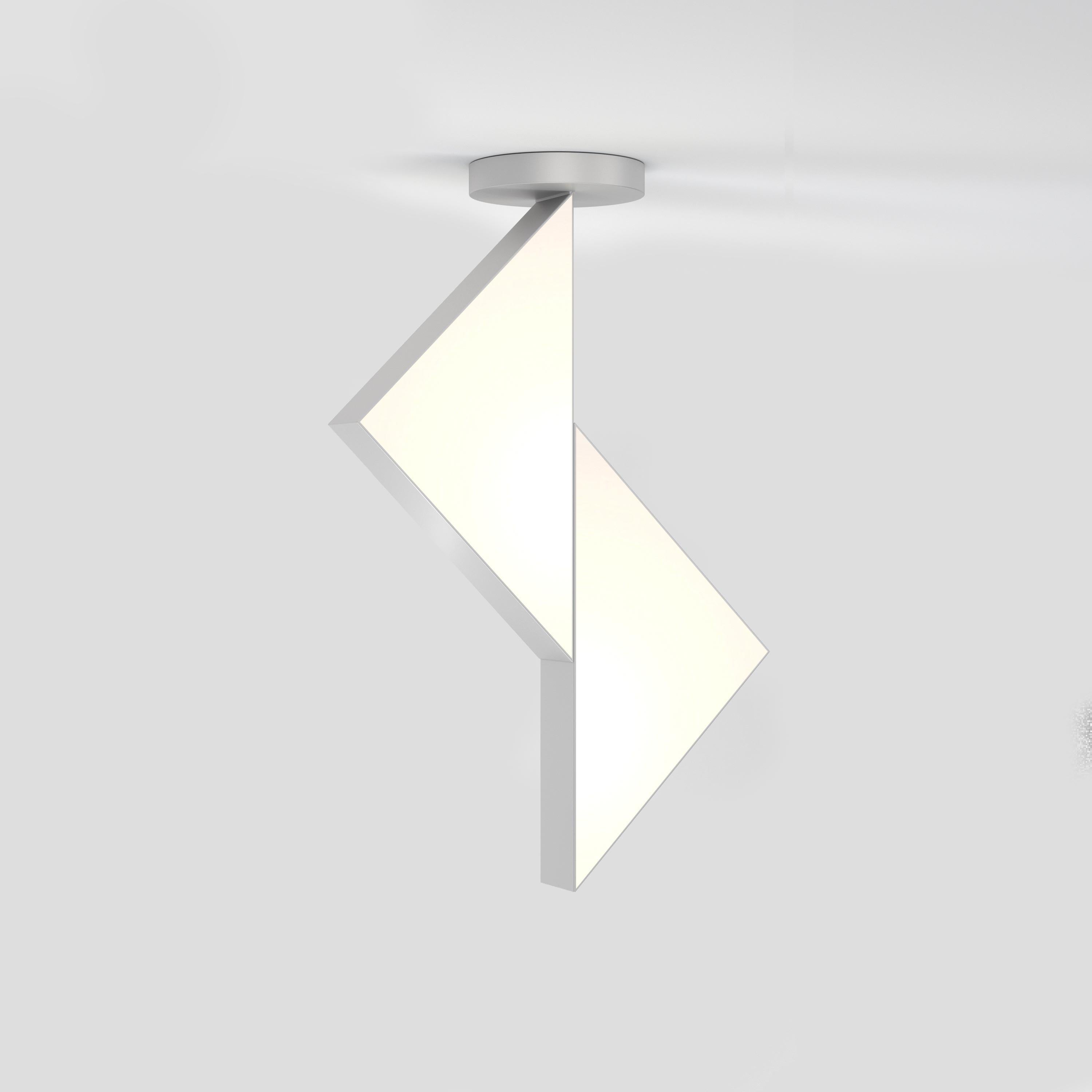 Flat Circle Triangle Nickel Ceiling Light II by Atelier Areti
Dimensions: D 20 x W 40 x H 63.3 cm.
Materials: Nickel, white acrylic panels.

Available in white, black, nickel, or brass.

All our lamps can be wired according to each country. If sold