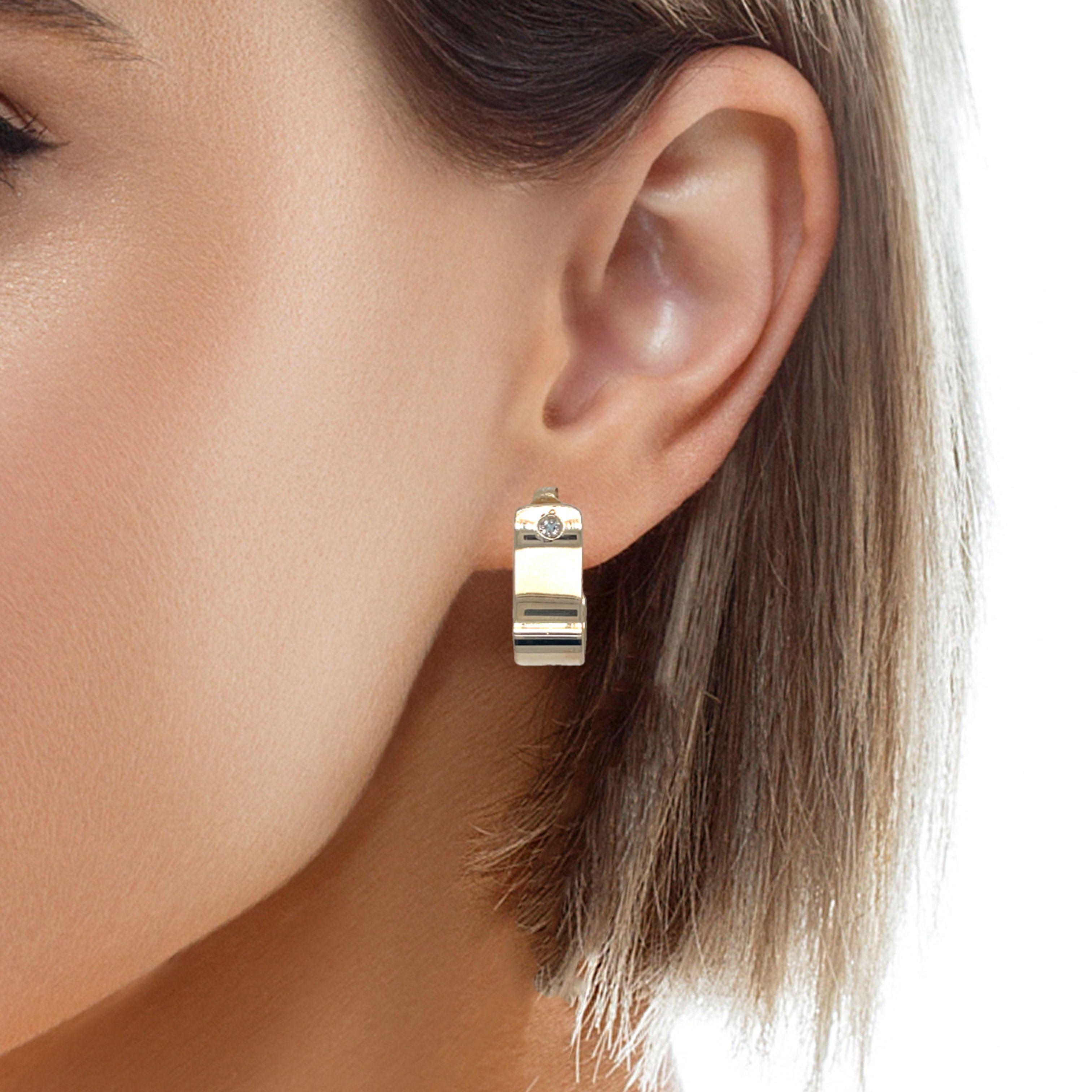 Women's or Men's Flat Curve U Shaped Semi Hoop Earrings with Single Cut Diamond 14k Yellow Gold For Sale