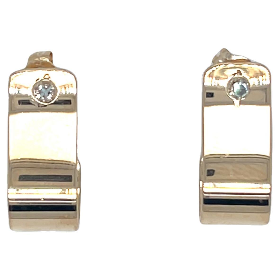 Flat Curve U Shaped Semi Hoop Earrings with Single Cut Diamond 14k Yellow Gold For Sale
