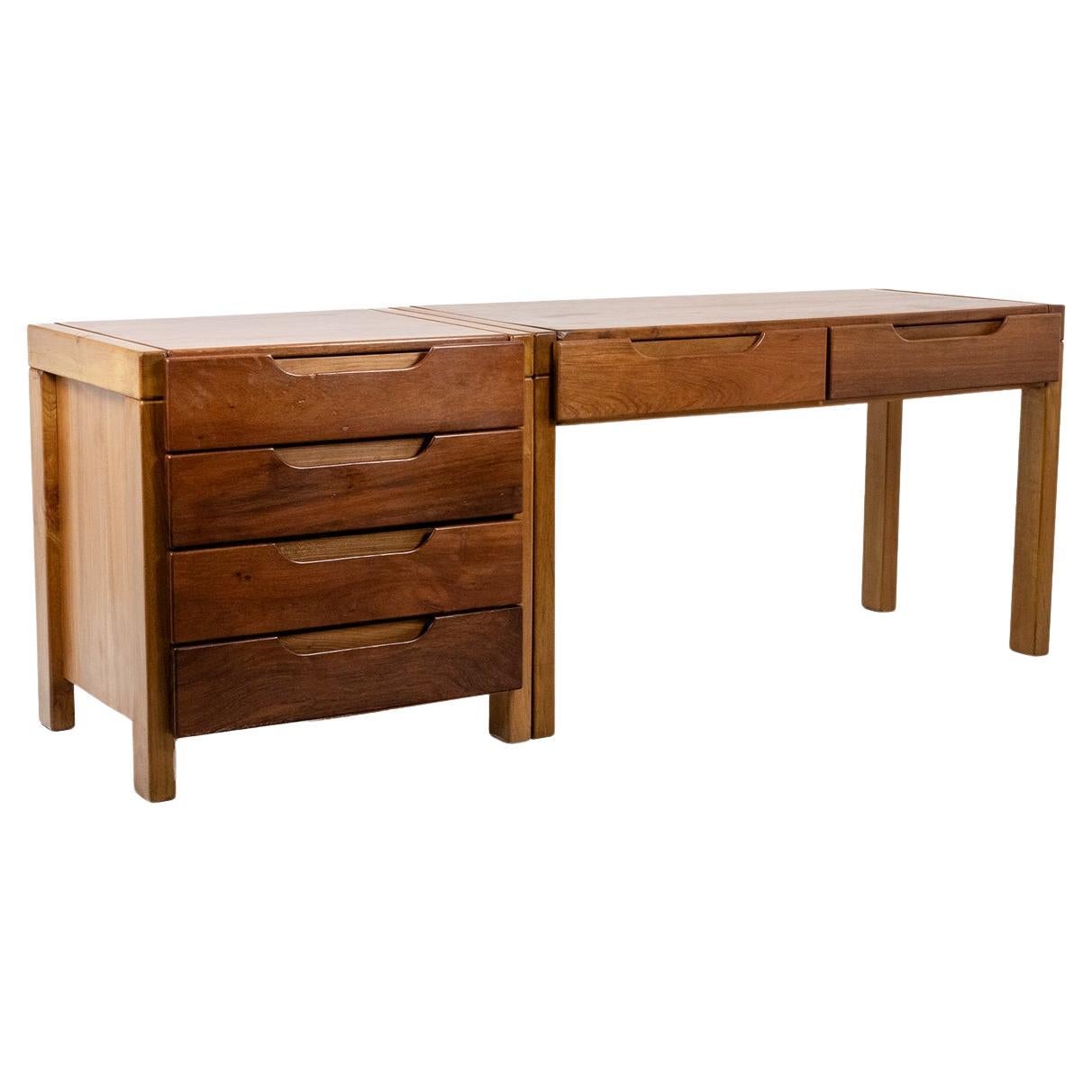 Flat desk with elm wood base, 6 drawers on the front. 1970s