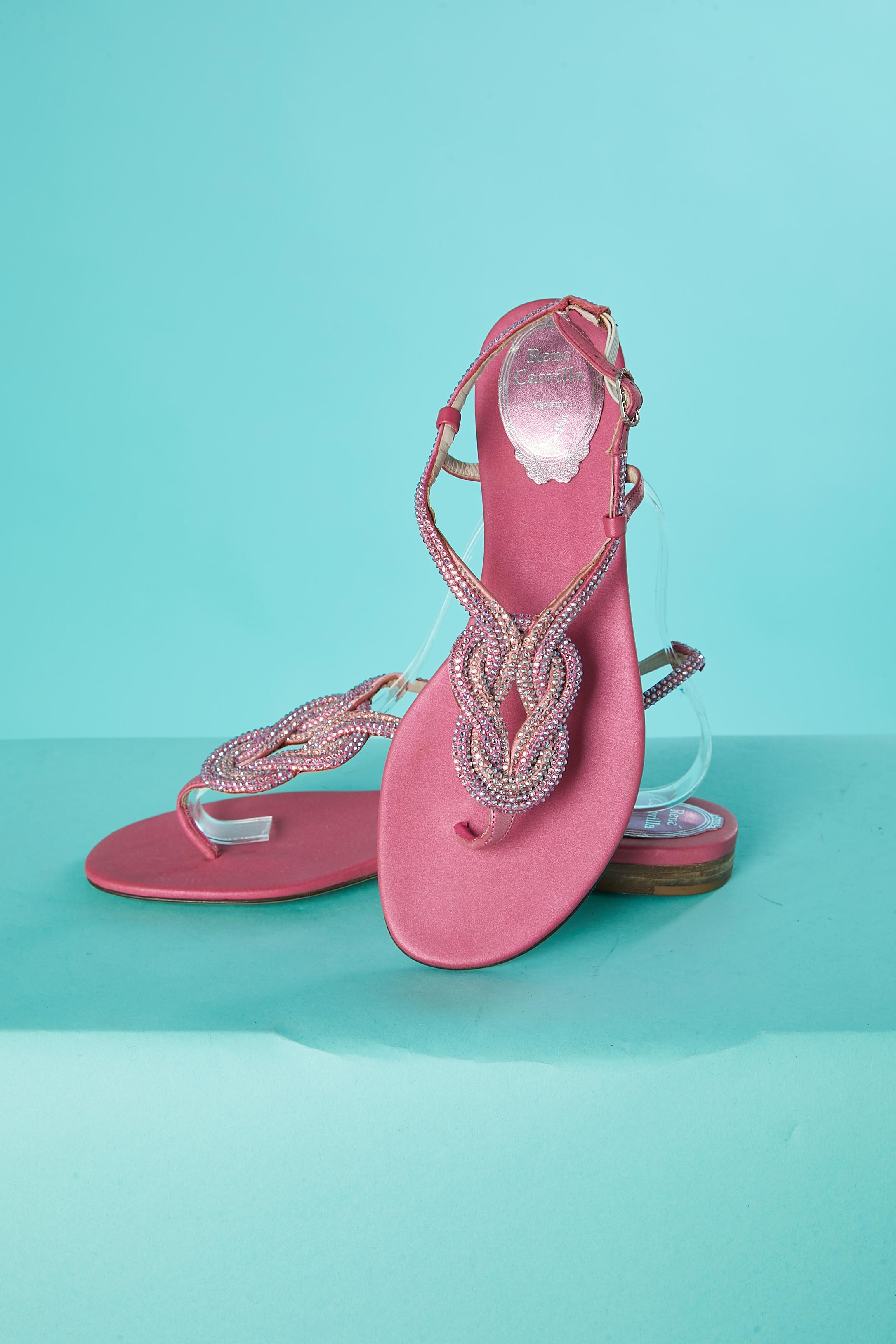 Brown Flat evening sandals in pink satin and rhinestone René Caovilla  For Sale