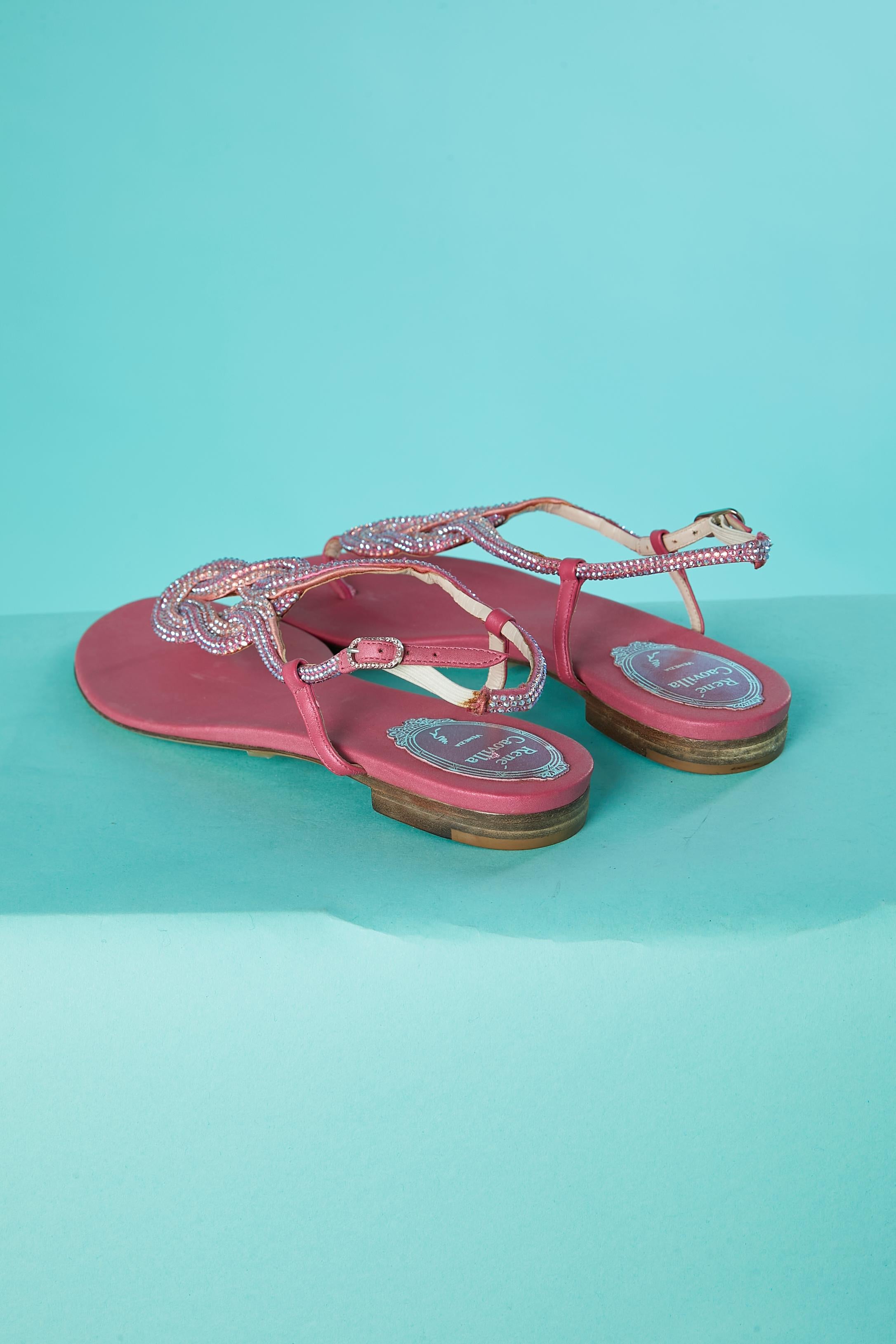 Flat evening sandals in pink satin and rhinestone René Caovilla  In Excellent Condition For Sale In Saint-Ouen-Sur-Seine, FR