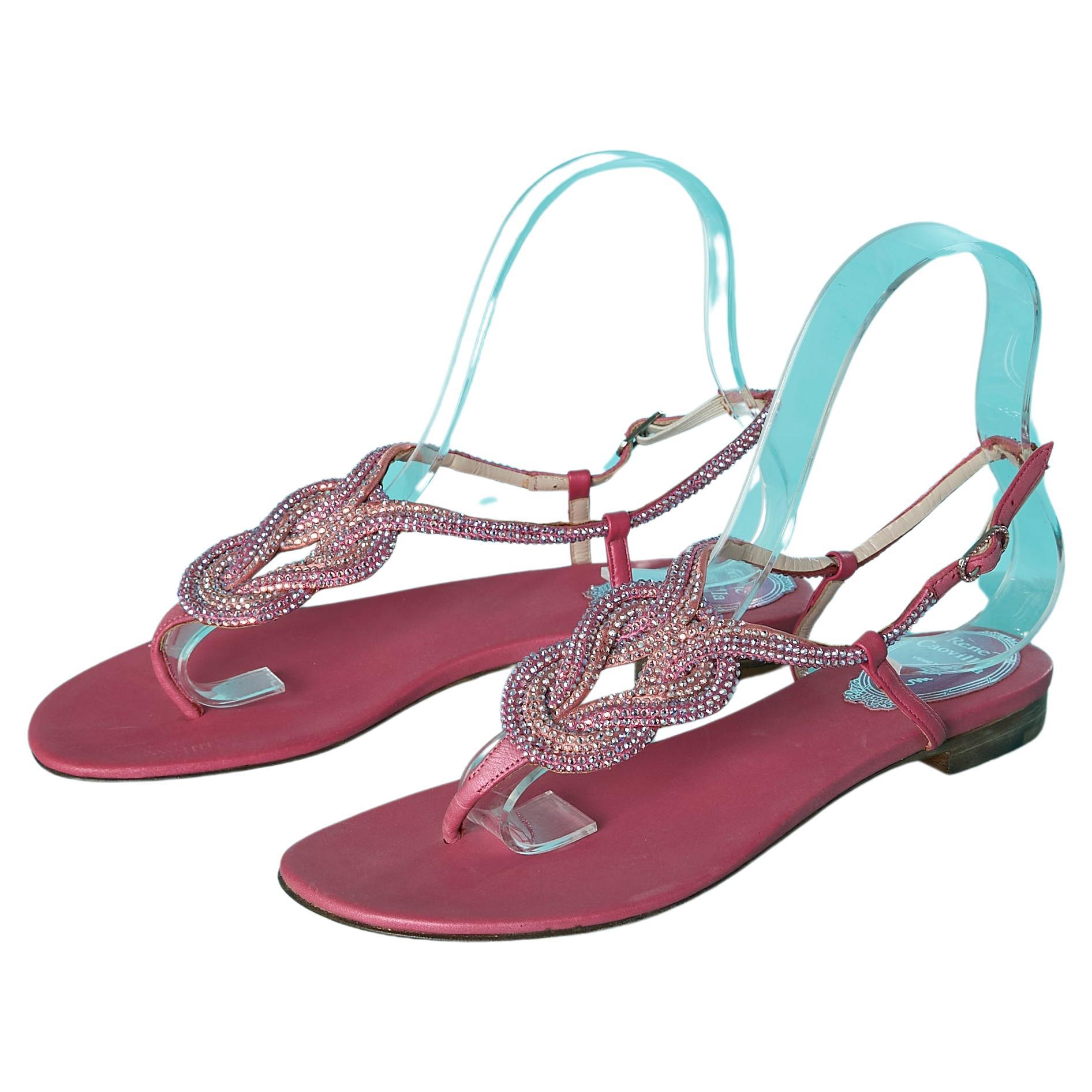 Flat evening sandals in pink satin and rhinestone René Caovilla  For Sale
