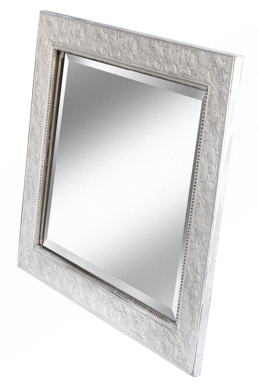 Flat Framed Beveled Mirror with Leaf Motif & Beaded Edge In Excellent Condition For Sale In Malibu, CA